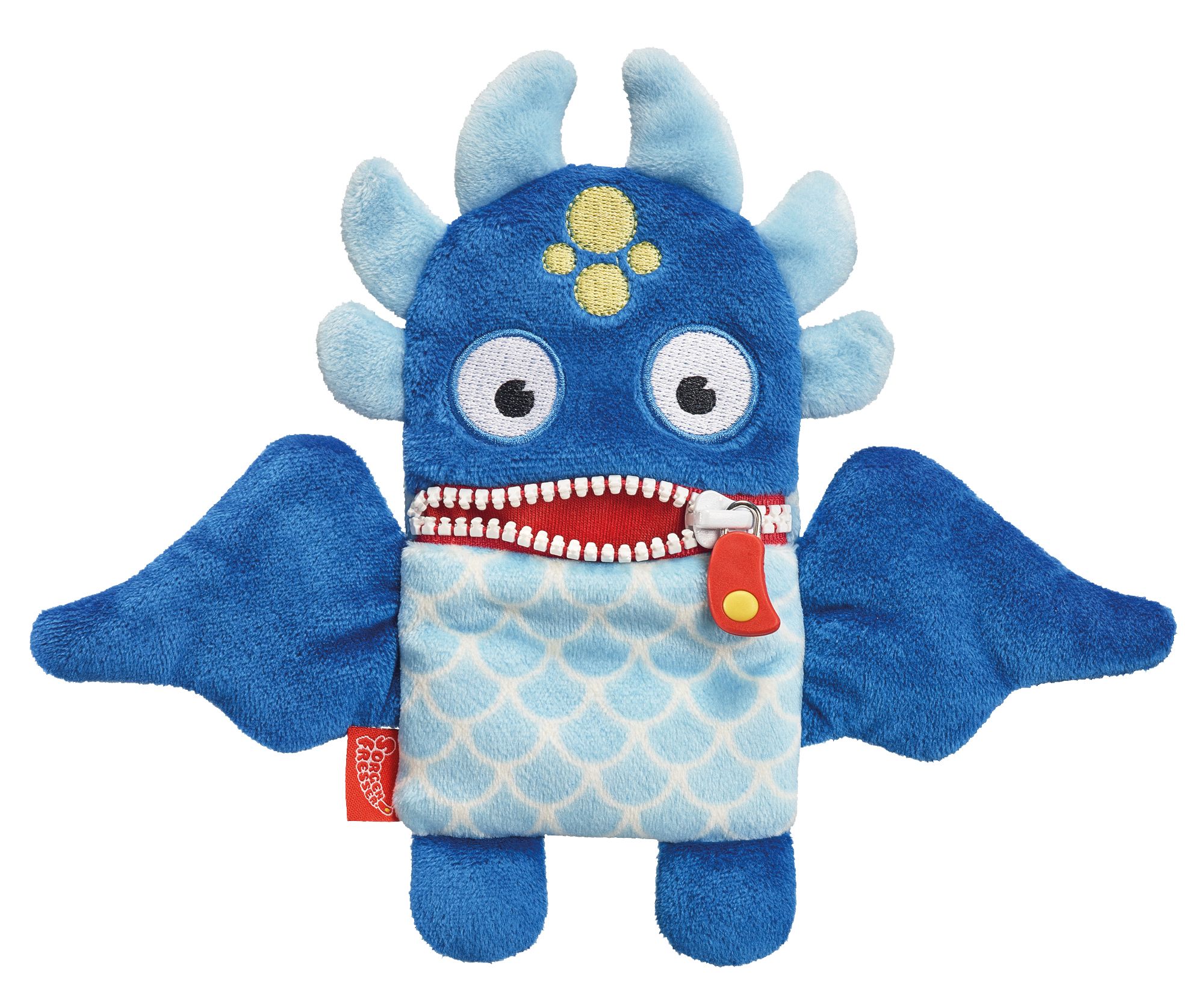 Blaues Plüschmonster mit Reißverschlussmund, Flügeln und Hörnern. Aufgenähte Augen und Zähne. Rotes Etikett.