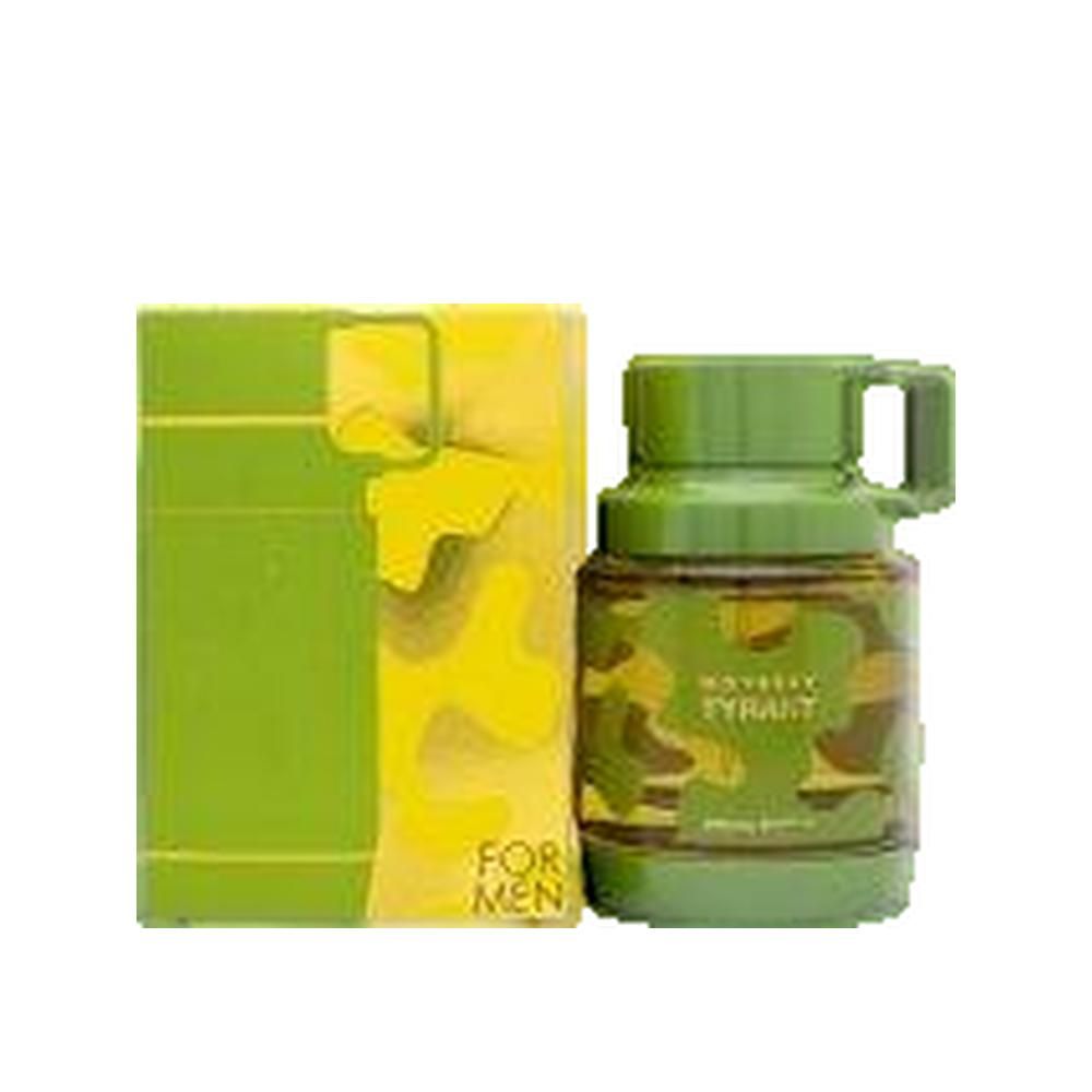 Grüne Flasche mit Camouflage-Muster und Griff. Daneben eine grüne Schachtel mit gelbem Muster. Auf der Schachtel steht "FOR MEN".