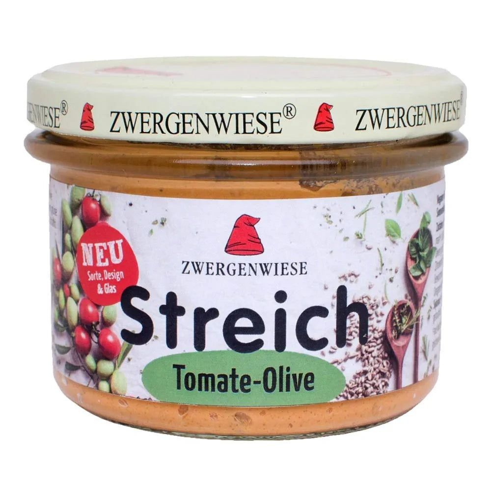 Zwergenwiese Tomate-Olive Streich im Glas, Nahaufnahme des Etiketts mit Tomaten.