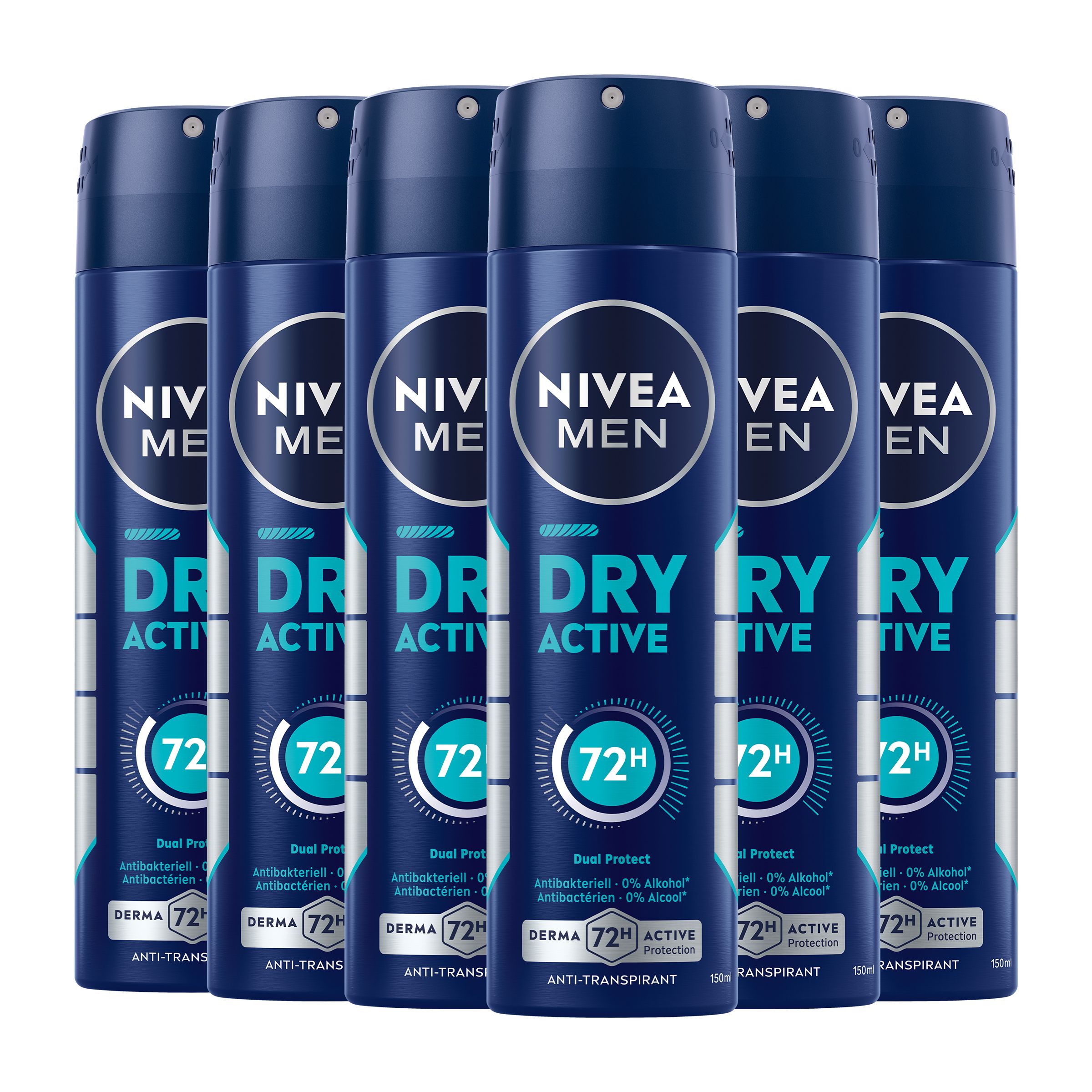 Sechs NIVEA MEN Dry Active Deo Spray-Flaschen. Blaue Dose mit weißer Schrift. 72H-Schutz-Logo.