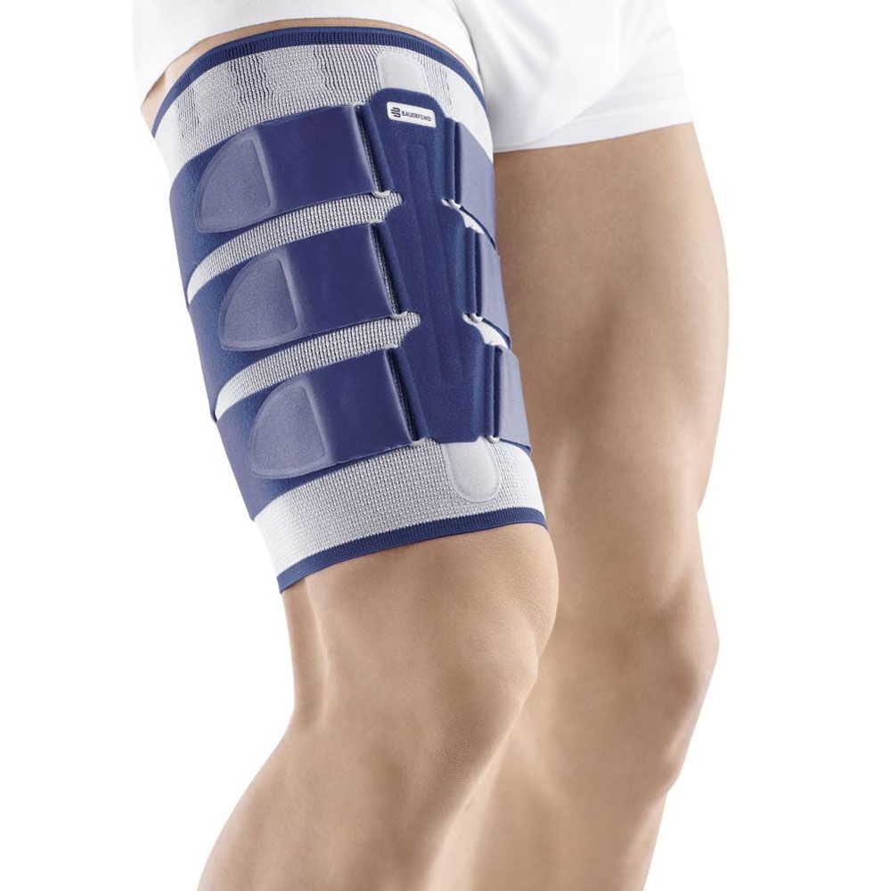 Blau-weiße Oberschenkel-Aktivbandage mit seitlichen Stabilisatoren und Klettverschlüssen.
