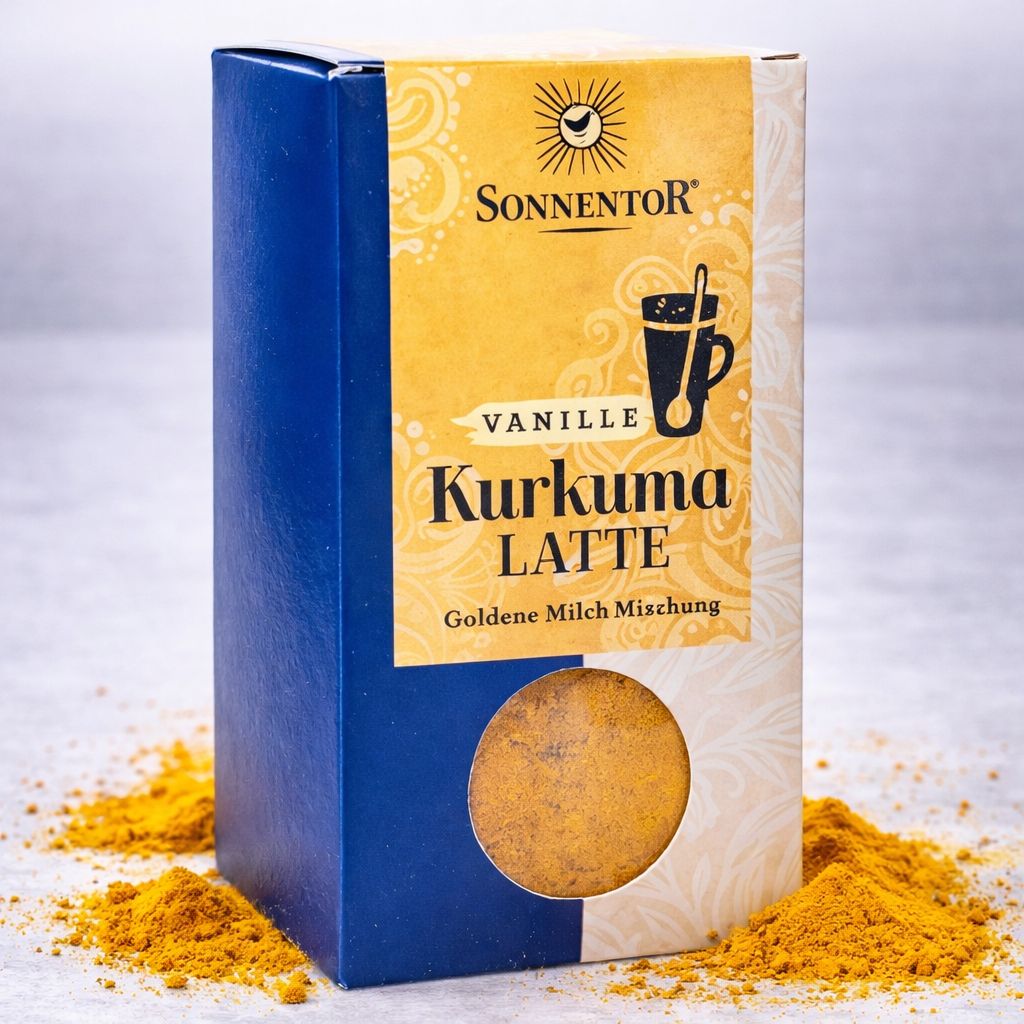 Sonnentor Kurkuma Latte Vanille Bio: Kartonverpackung mit Sichtfenster, umgeben von Kurkumapulver.
