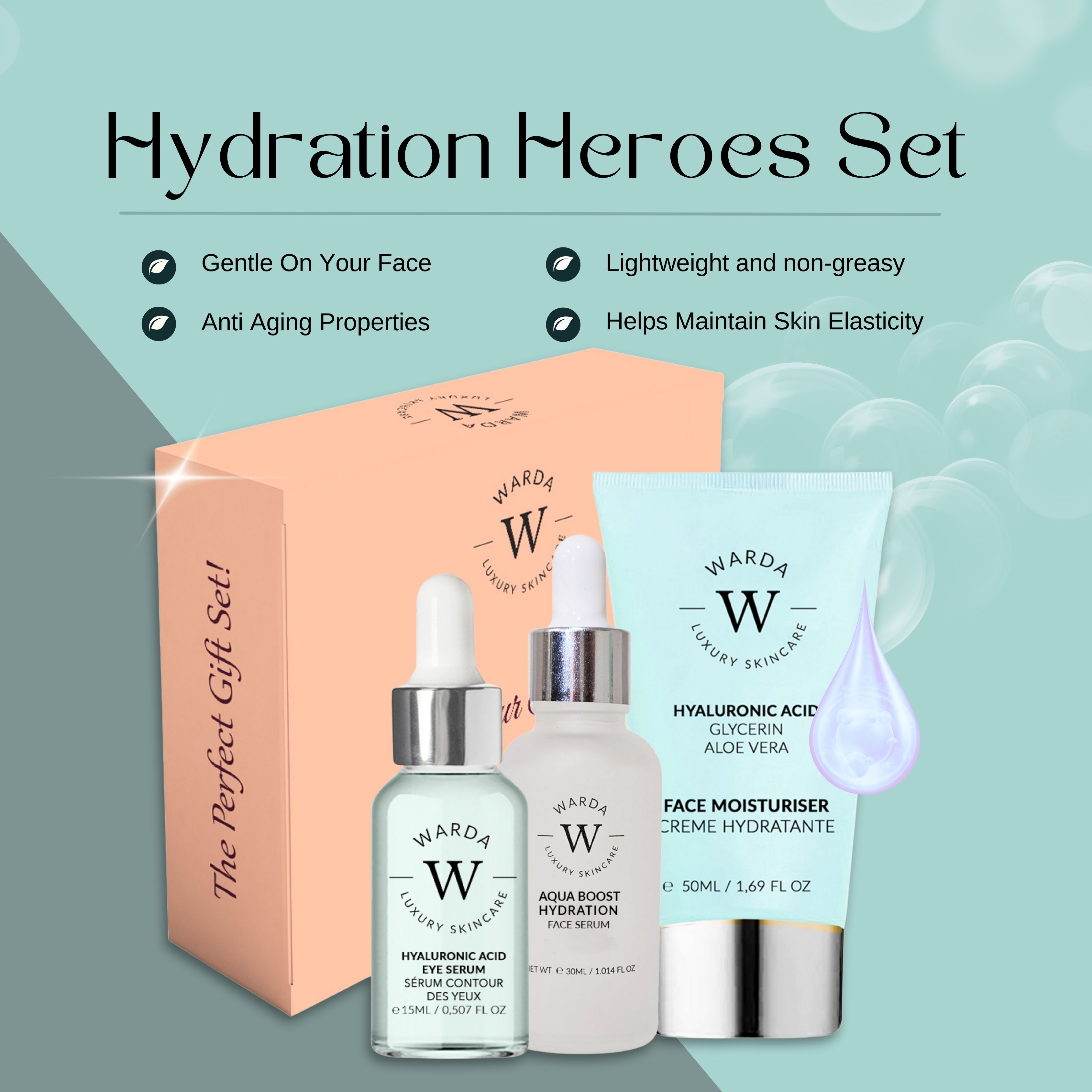 Geschenkset mit drei Hautpflegeprodukten. Enthält Serum, Augencreme und Feuchtigkeitscreme. Auf blauem Hintergrund mit Text.