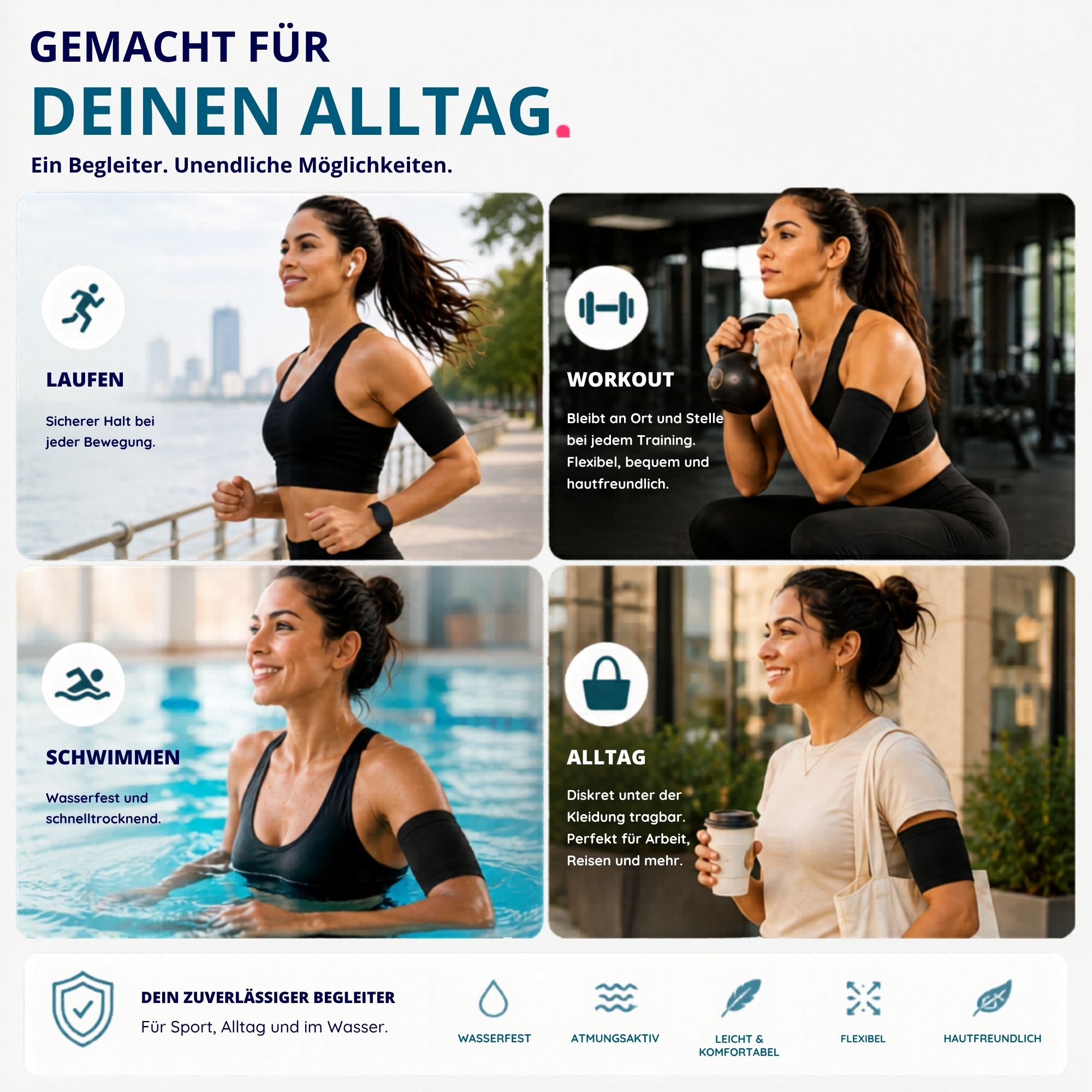 Werbebild mit Diasticker Armloop. Frauen in verschiedenen Alltagssituationen. Text: Gemacht für deinen Alltag.