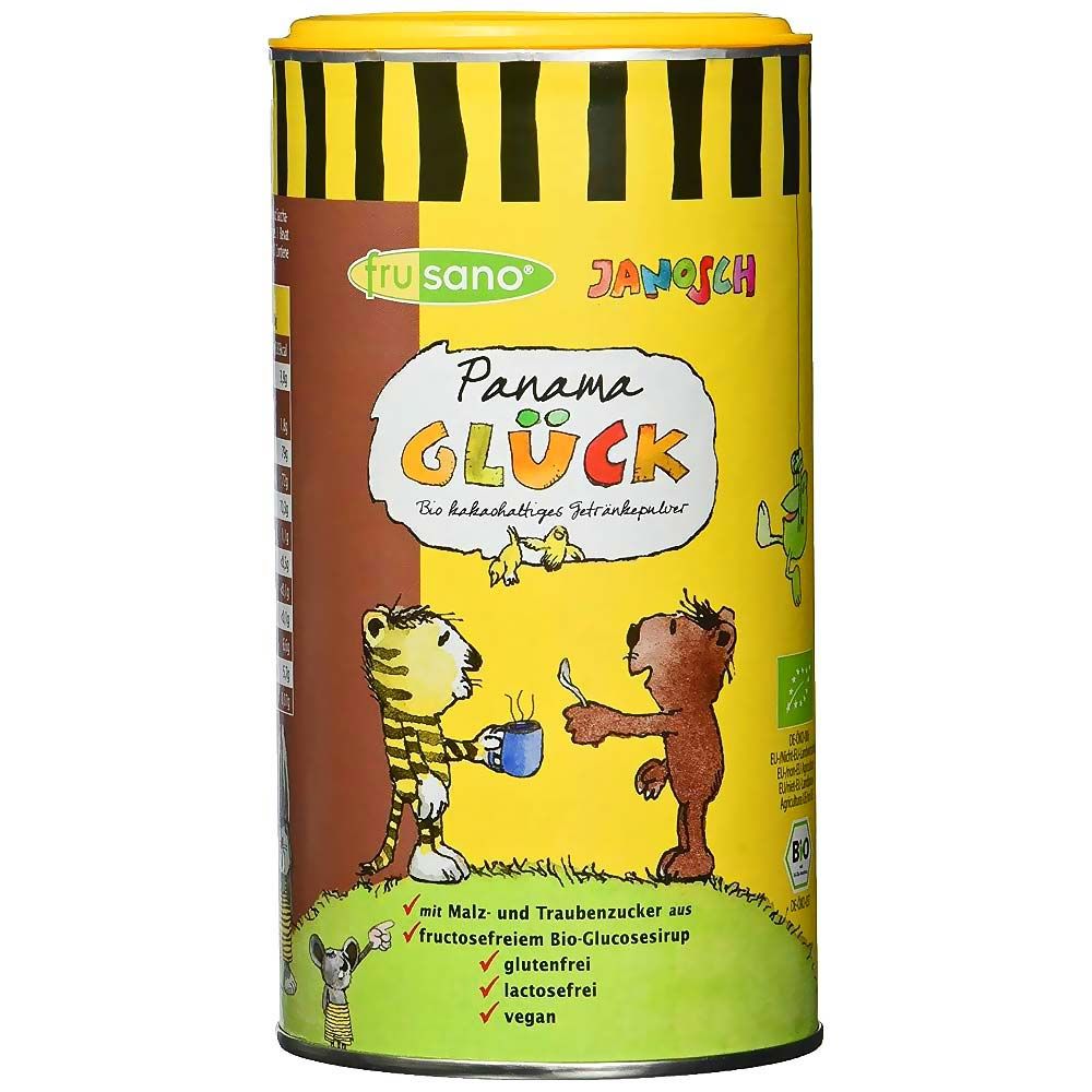 Gelbe Dose mit Aufschrift "Frusano Janosch Bio Panama Glück Kakao". Illustrationen von Tieren. Bio-Siegel.