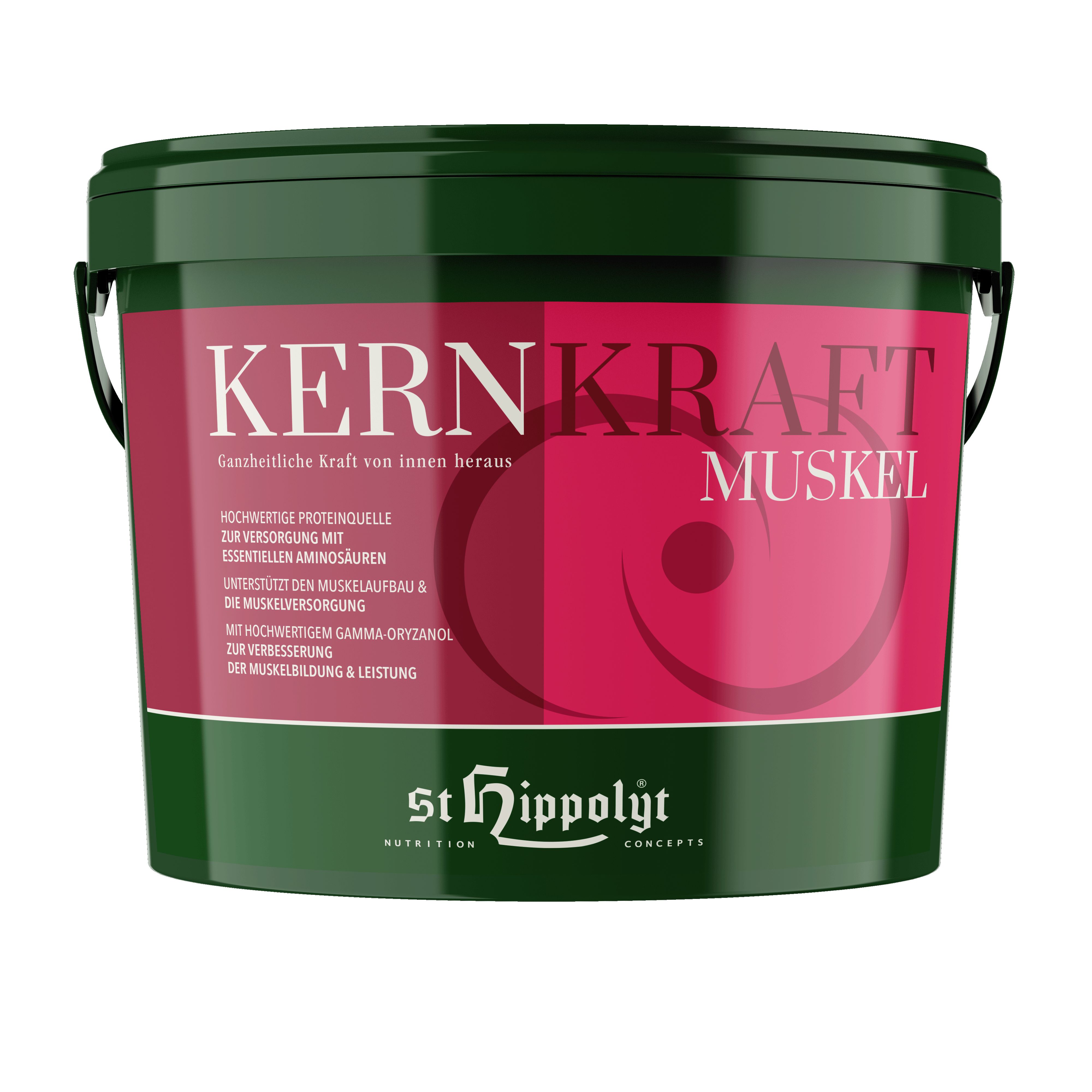 Grüner Eimer mit rotem Etikett. Aufschrift: KERNKRAFT MUSKEL. Marke: St. Hippolyt.