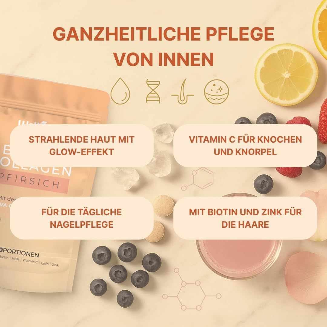 Well. Be. Beauty Kollagen Pfirsich für strahlende Haut, Knochen, Knorpel, Nägel und Haare.