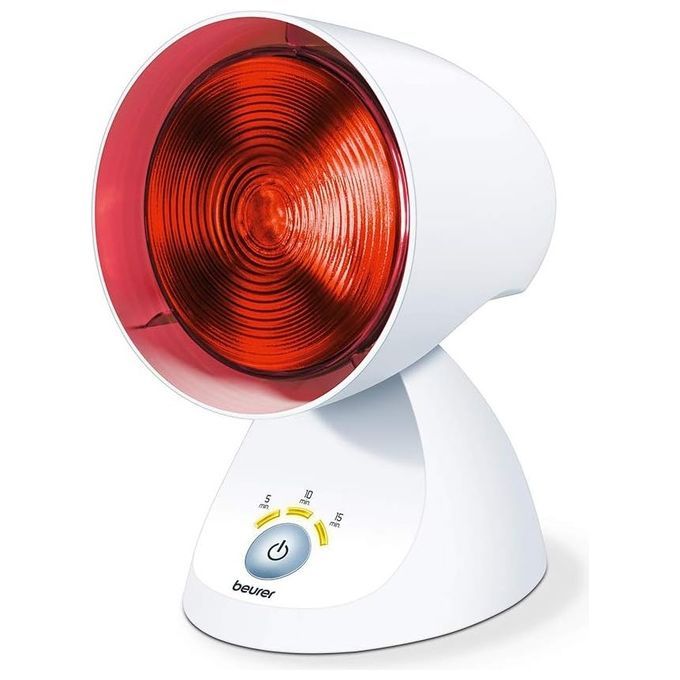 Infrarotlampe, weißes Gehäuse, roter Leuchtkörper. Drehregler mit Zahlen. Marke "Beurer" sichtbar. Auf einem Sockel stehend.