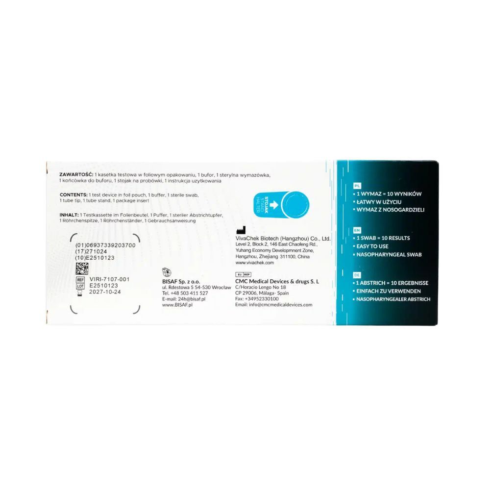 Rückseite der BISAF 10in1 Combo Testkit-Verpackung mit Inhaltsangaben und Herstellerdetails.