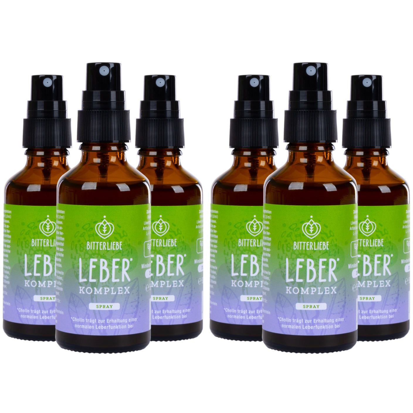 Sechs Flaschen BitterLiebe Leber Komplex Spray. Braune Glasflaschen mit schwarzem Sprühkopf und grün-weißem Etikett.