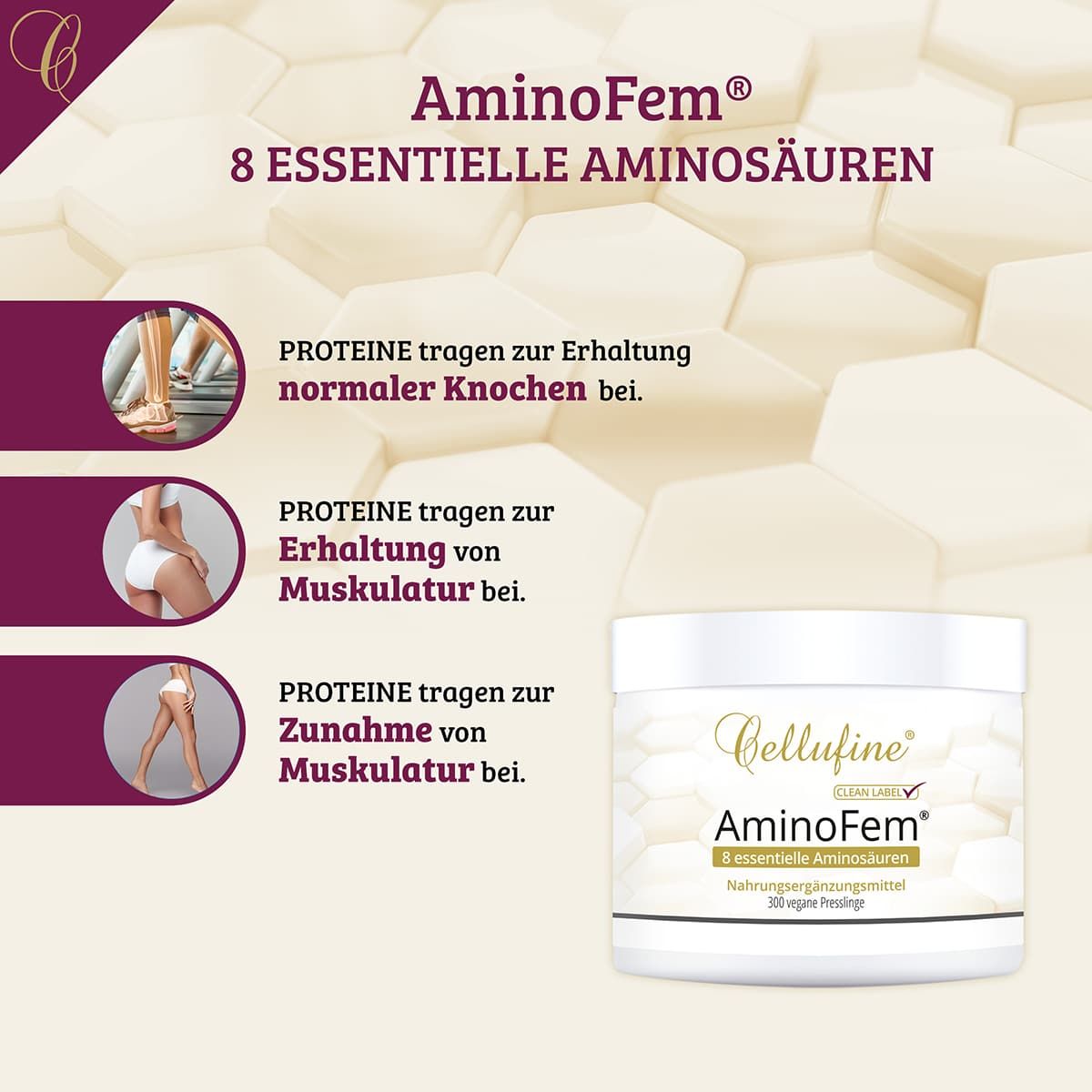 Produktabbildung mit Text. Zeigt eine Dose Cellufine® AminoFem® Aminosäuren. Text: Proteine tragen zur Erhaltung normaler Knochen und Muskulatur bei.