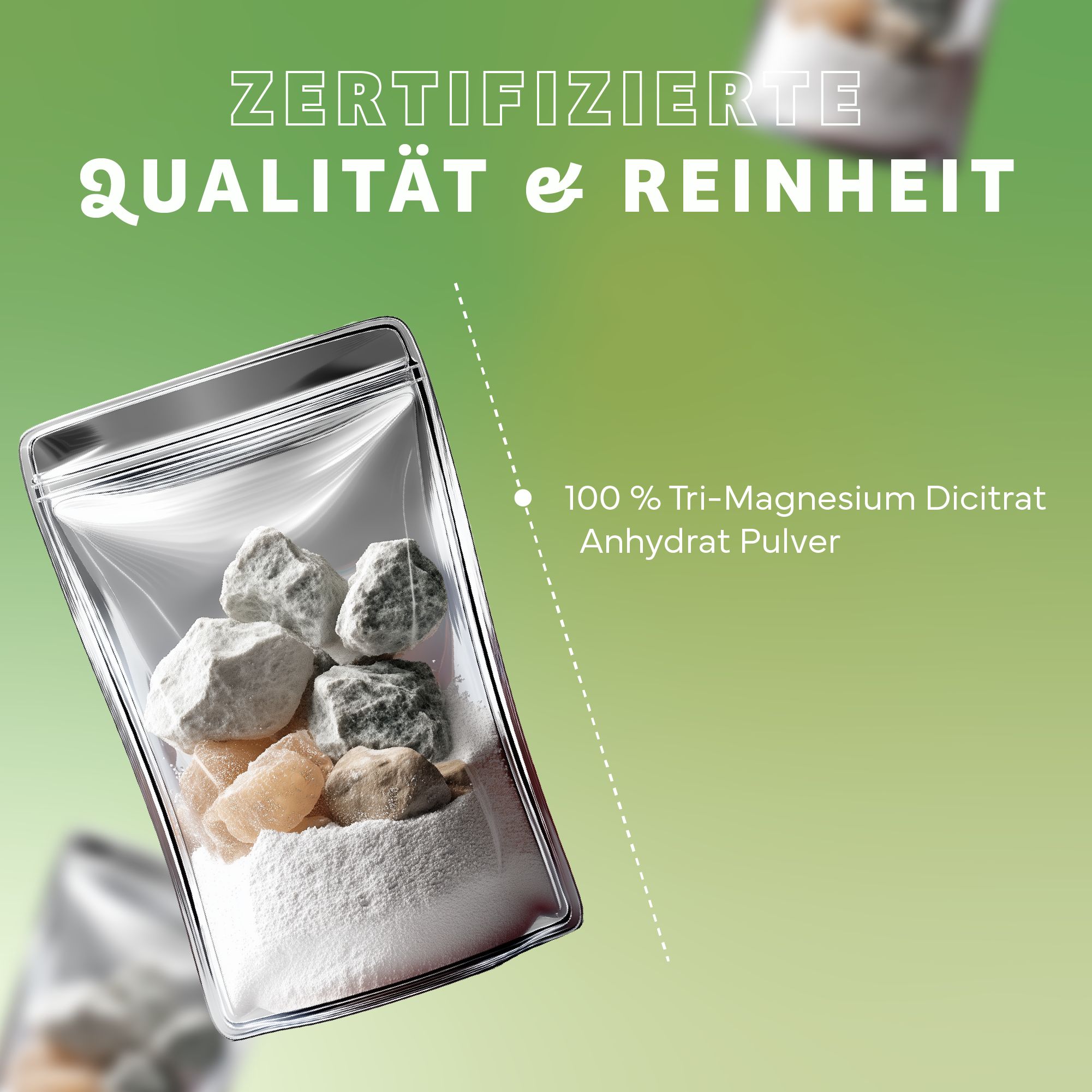 Transparente Tüte mit Pulver und Steinen. Text: Zertifizierte Qualität & Reinheit. 100 % Tri-Magnesium Dicitrat Anhydrat Pulver.