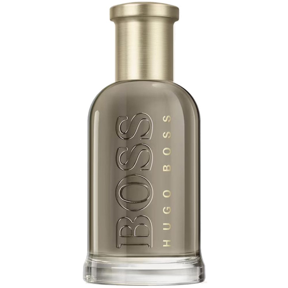 Boss Bottled Eau de Parfum Flakon. Glasflakon mit goldfarbenem Verschluss. BOSS-Logo geprägt.