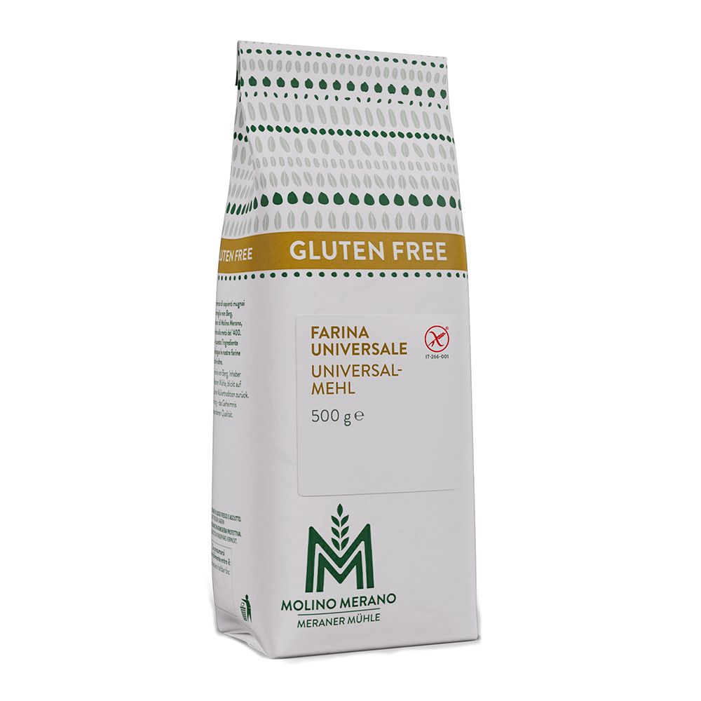 Verpackung mit glutenfreiem Universalmehl. Aufschrift: Farina Universale-Mehl, 500g. Logo von Molino Merano.