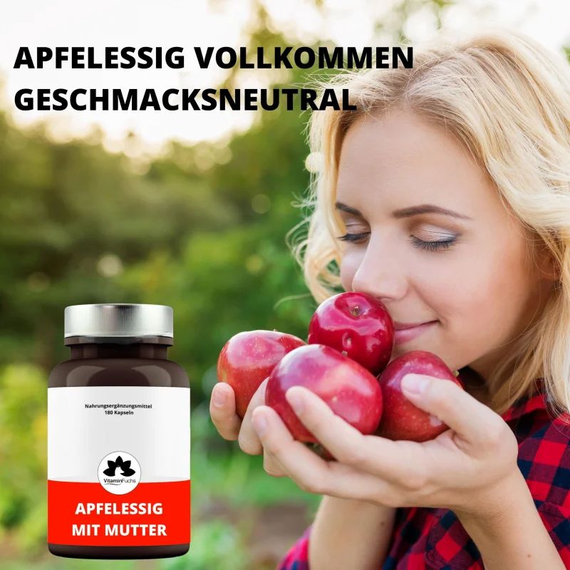 Braune Kapsel-Dose mit rotem Etikett. Aufschrift: Apfelessig mit Mutter. Frau hält Äpfel.