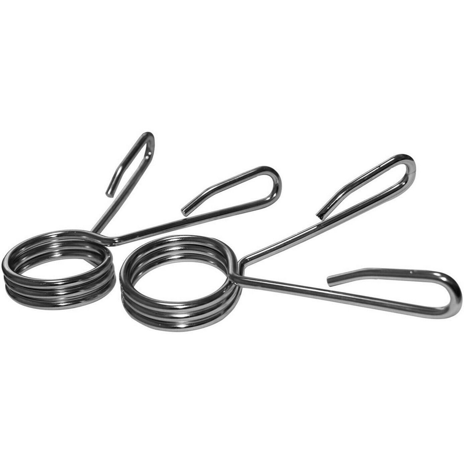 Zwei Federverschlüsse für Hantelstangen. Metall, silberfarben. Spiralförmige Verschlüsse mit Griffen.