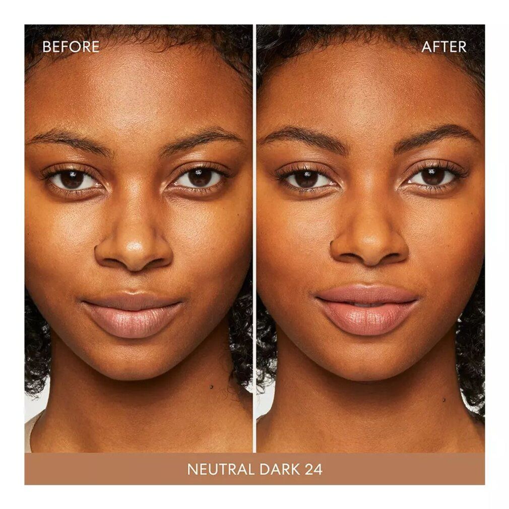 Vorher-Nachher-Vergleich. Gesicht einer Frau. Links: ungeschminkt. Rechts: geschminkt. Text: "Neutral Dark 24".