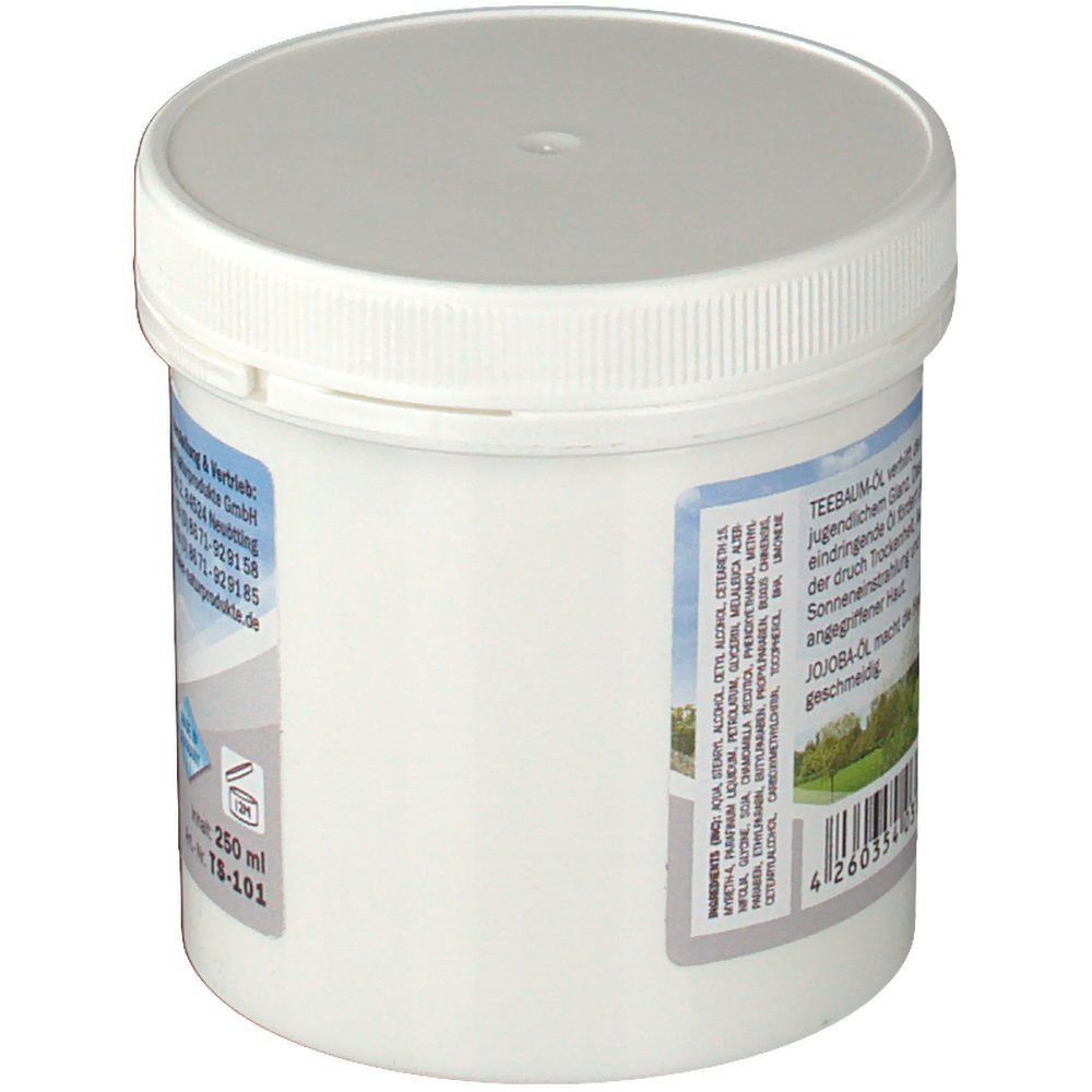 Weißer Tiegel mit Deckel. Auf der Seite Text und Barcode. Aufschrift: Teebaum-Öl. Jojoba-Öl. Logo: Das Gute aus dem Inntal. 250 ml.