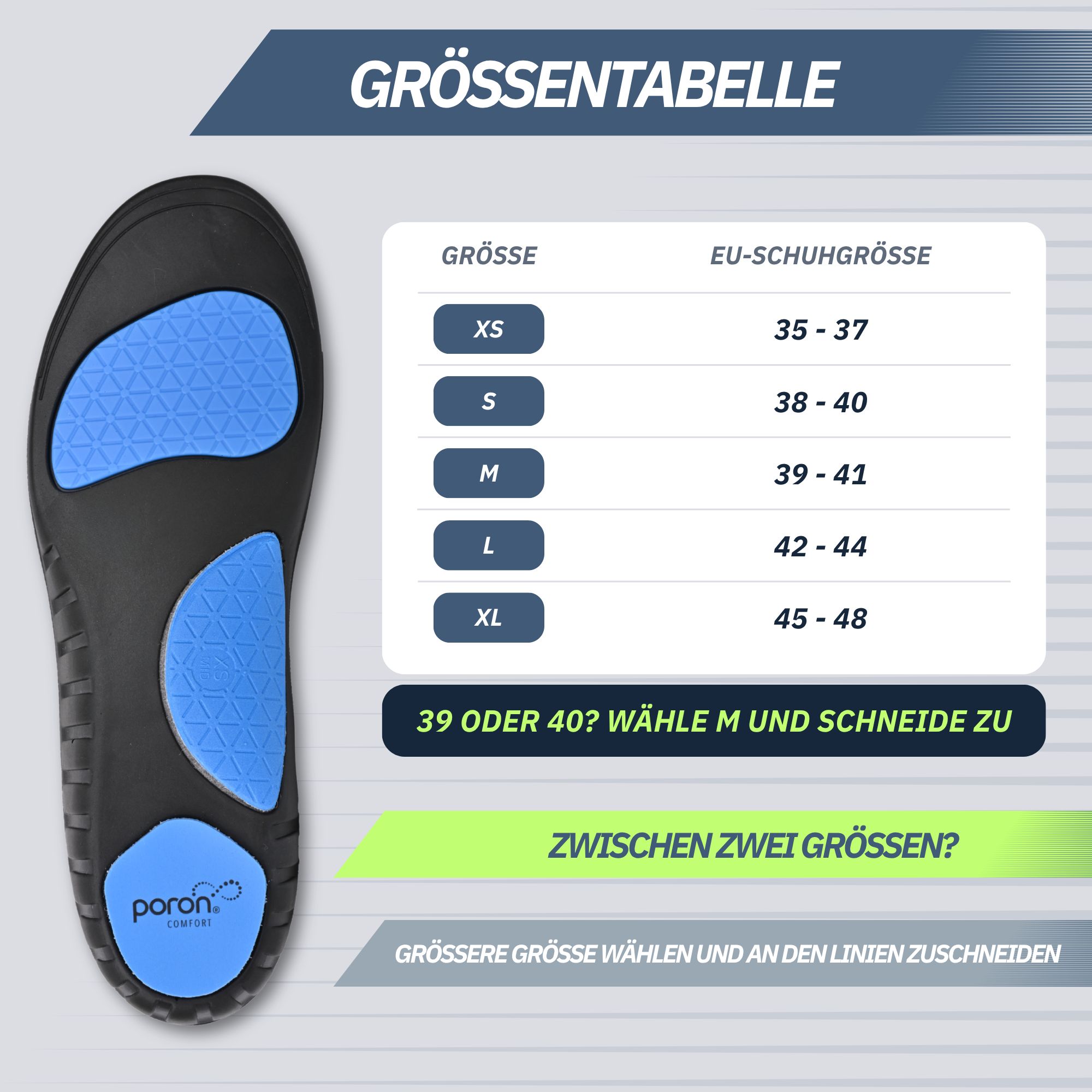 Blaue Einlegesohle mit ergonomischer Passform, maximaler Dämpfung, Komfort beim Stehen, zuschneidbar und natürliche Haltung.