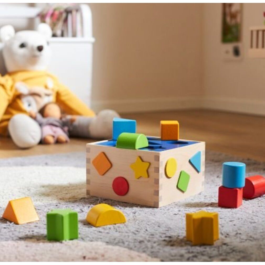 Holzkiste mit farbigen Formen zum Einsetzen. Verschiedene geometrische Formen und Farben. Blaue Deckelplatte mit Aussparungen. Auf Teppich.