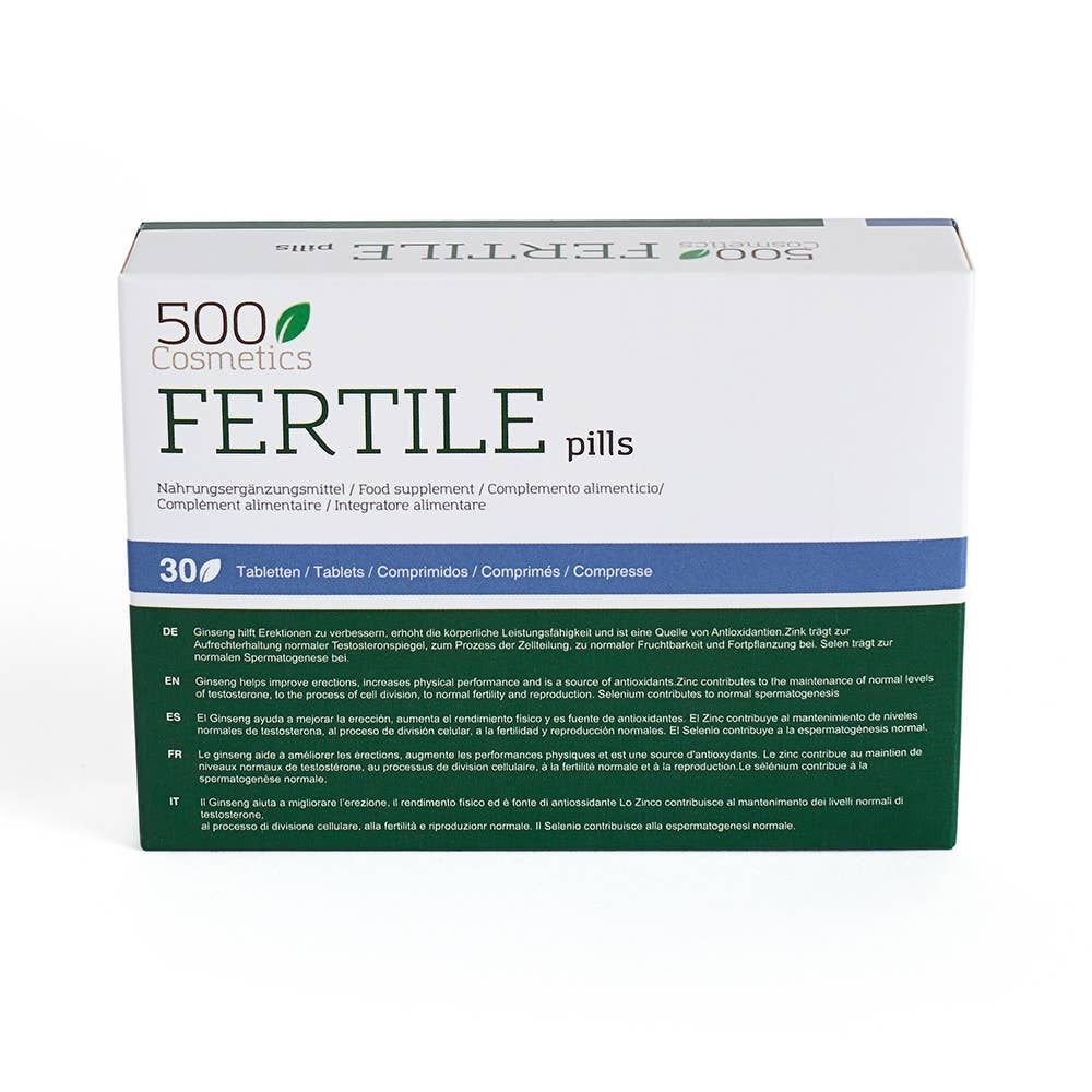Schachtel mit "500 Cosmetics Fertile pills". 30 Tabletten. Text in Deutsch, Englisch, Italienisch und Spanisch.
