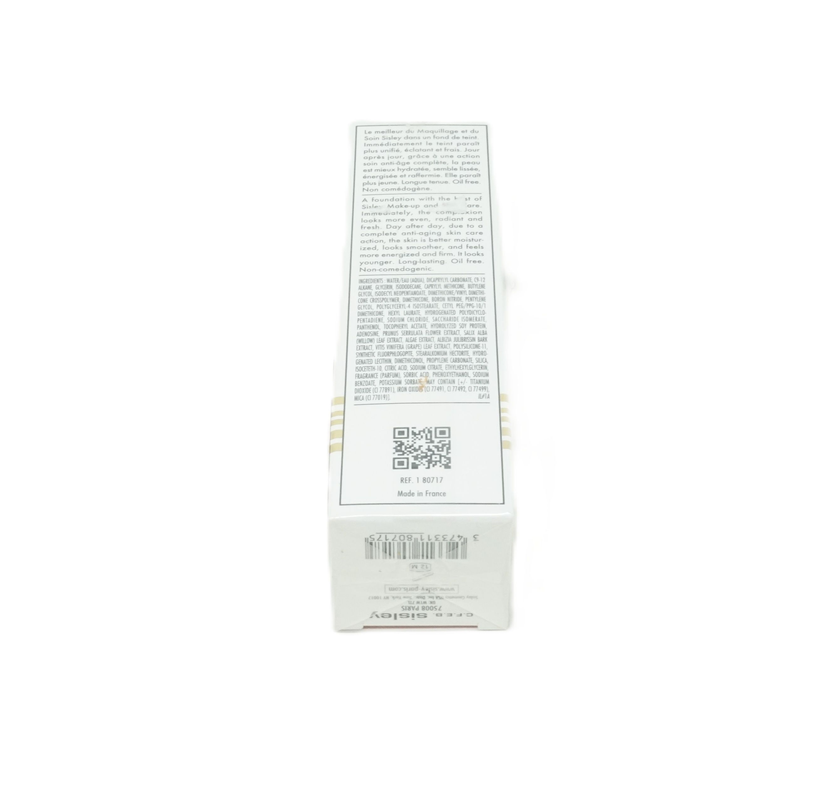 Sisley Sisleya Le Teint Verpackung. Weiße Schachtel mit Text. QR-Code und Barcode. Sisley-Logo unten.
