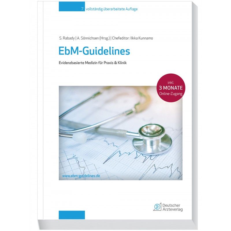 Buchcover mit Titel „EbM-Guidelines“. Auf dem Cover ein Stethoskop. Zusatz: 3 Monate Online-Zugang. Herausgeber: Deutscher Ärzteverlag.