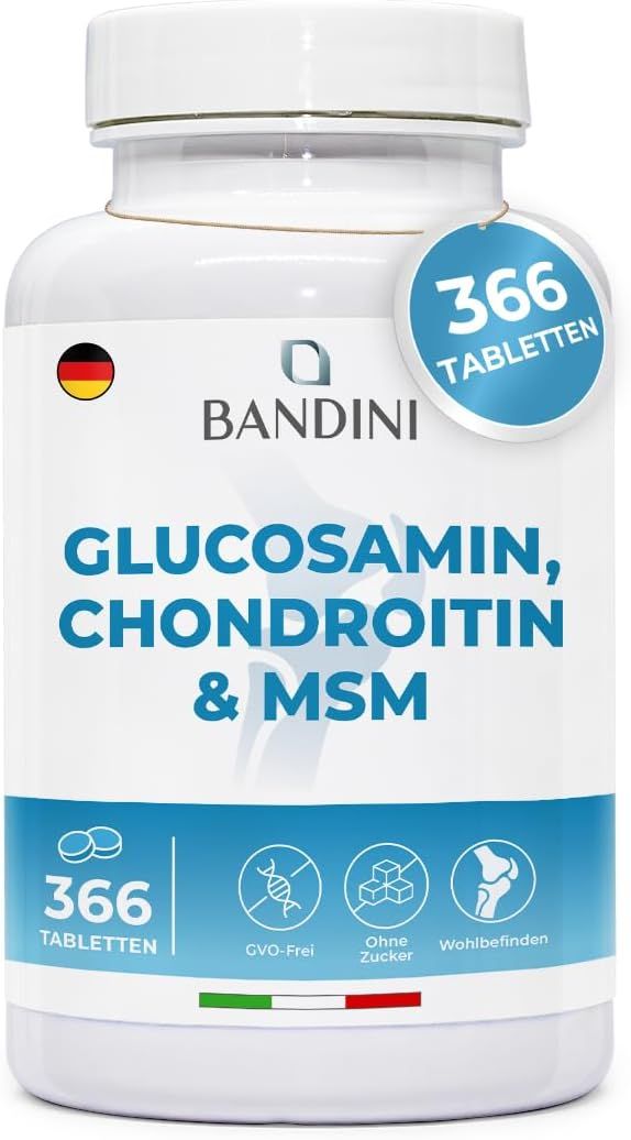 Weiße Flasche mit blauem Etikett. Aufschrift: Bandini, Glucosamin, Chondroitin & MSM. 366 Tabletten. GVO-frei.