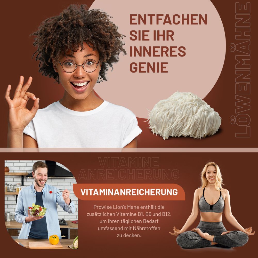 Eine Frau mit Brille und ein Pilz. Text: Vitaminanreicherung, Prowise Lion's Mane, Vitamine B1, B6, B12.