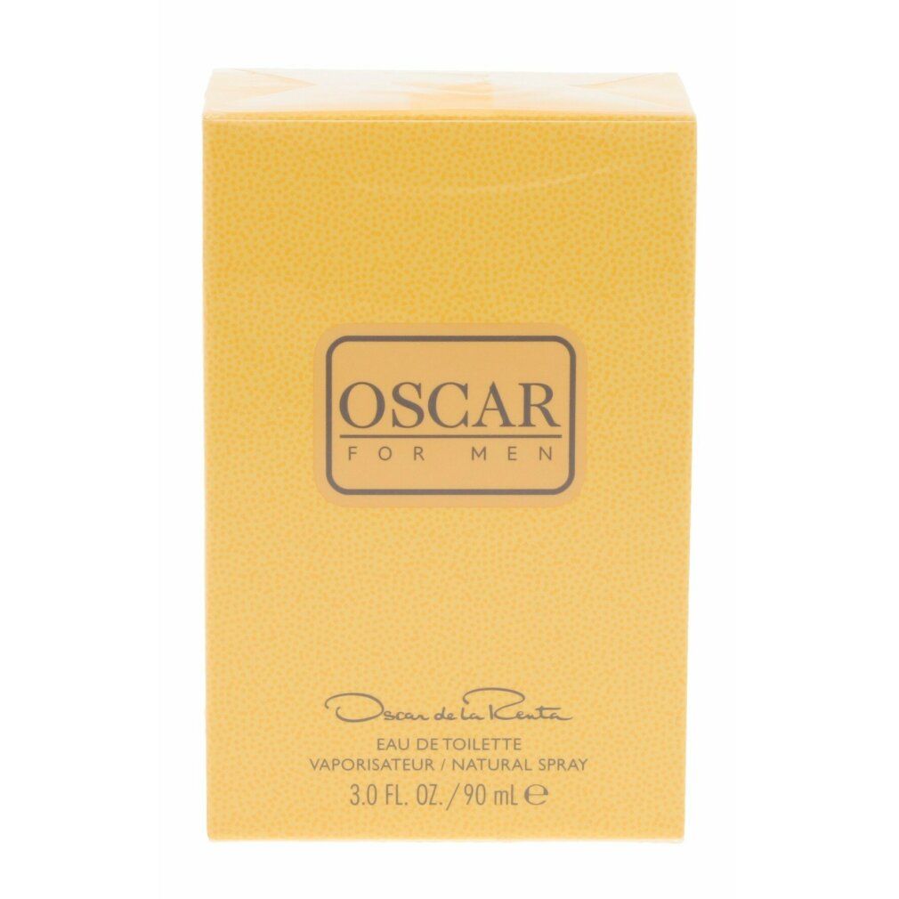 Gelbe Verpackung mit "OSCAR FOR MEN"-Logo. Text darunter: "Oscar de la Renta". Unten: "EAU DE TOILETTE".