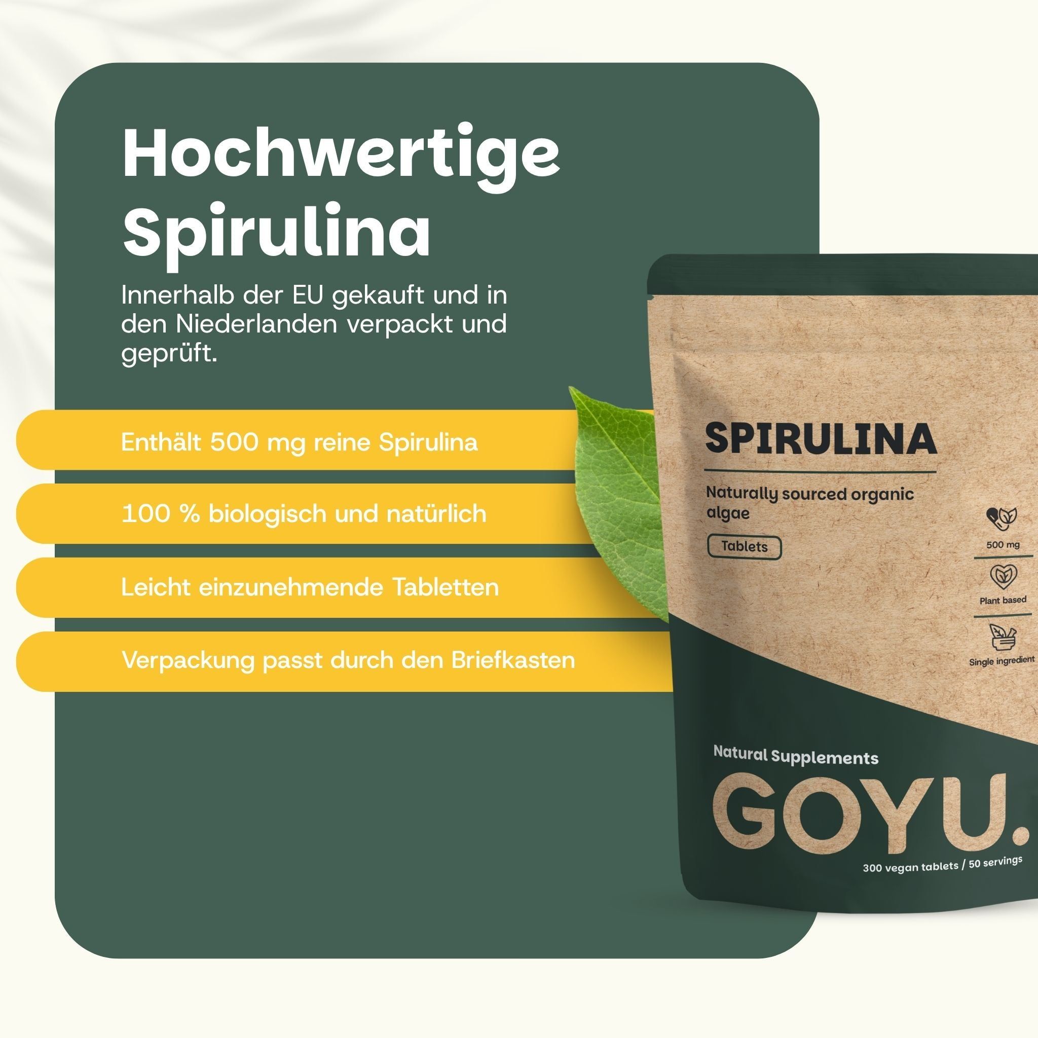 Packung GOYU Spirulina Tabletten. Enthält 500 mg reine Spirulina, 100% bio.