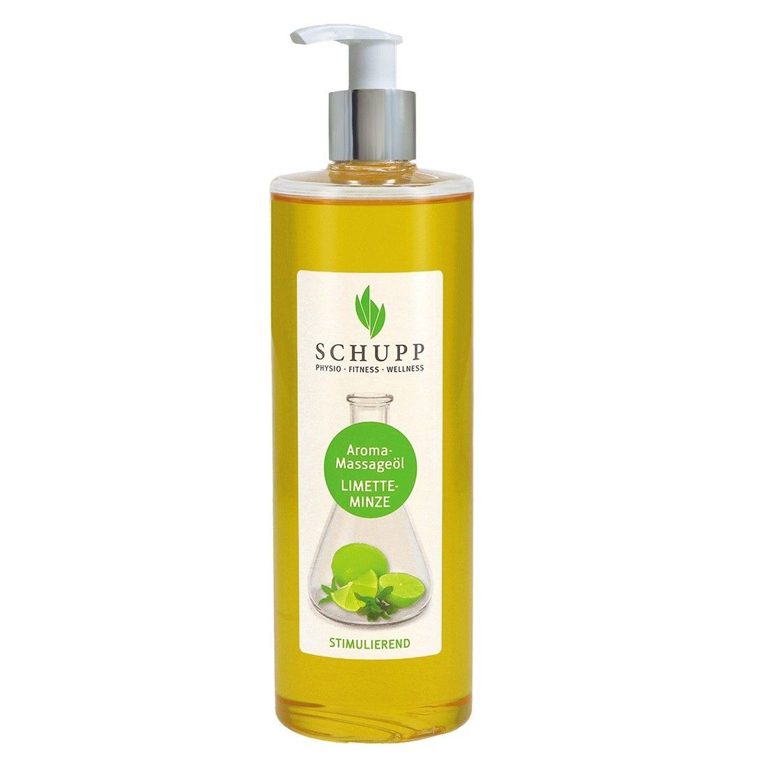 Schupp Aroma-Massageöl Limette-Minze. Flasche mit gelbem Öl, weißem Pumpkopf und Etikett. Limetten- und Minze-Illustration.