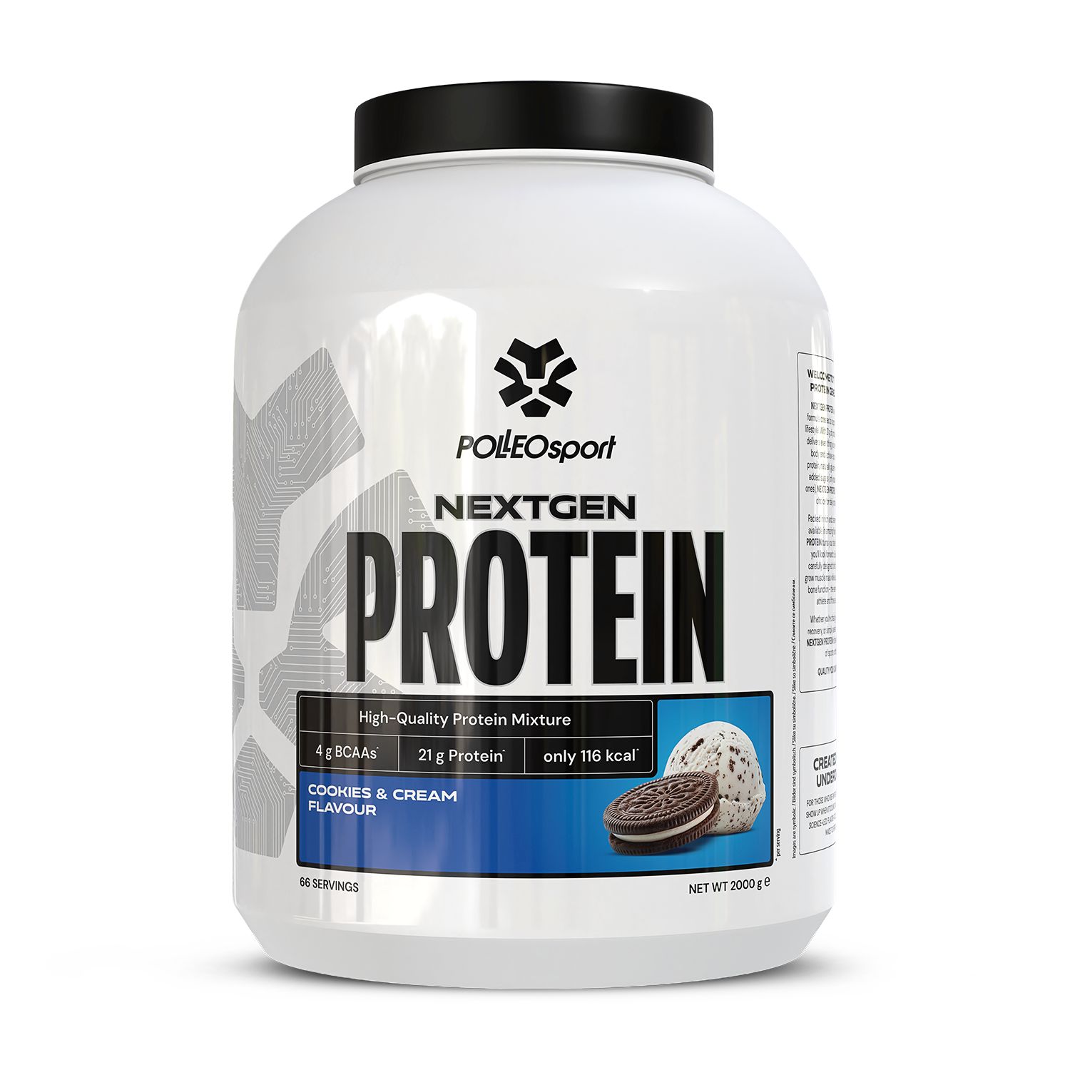 Weißer Behälter mit schwarzem Deckel. Aufschrift: Polleo Sport NextGen Protein. Aufdruck: Cookies & Cream. Enthält 21g Protein.