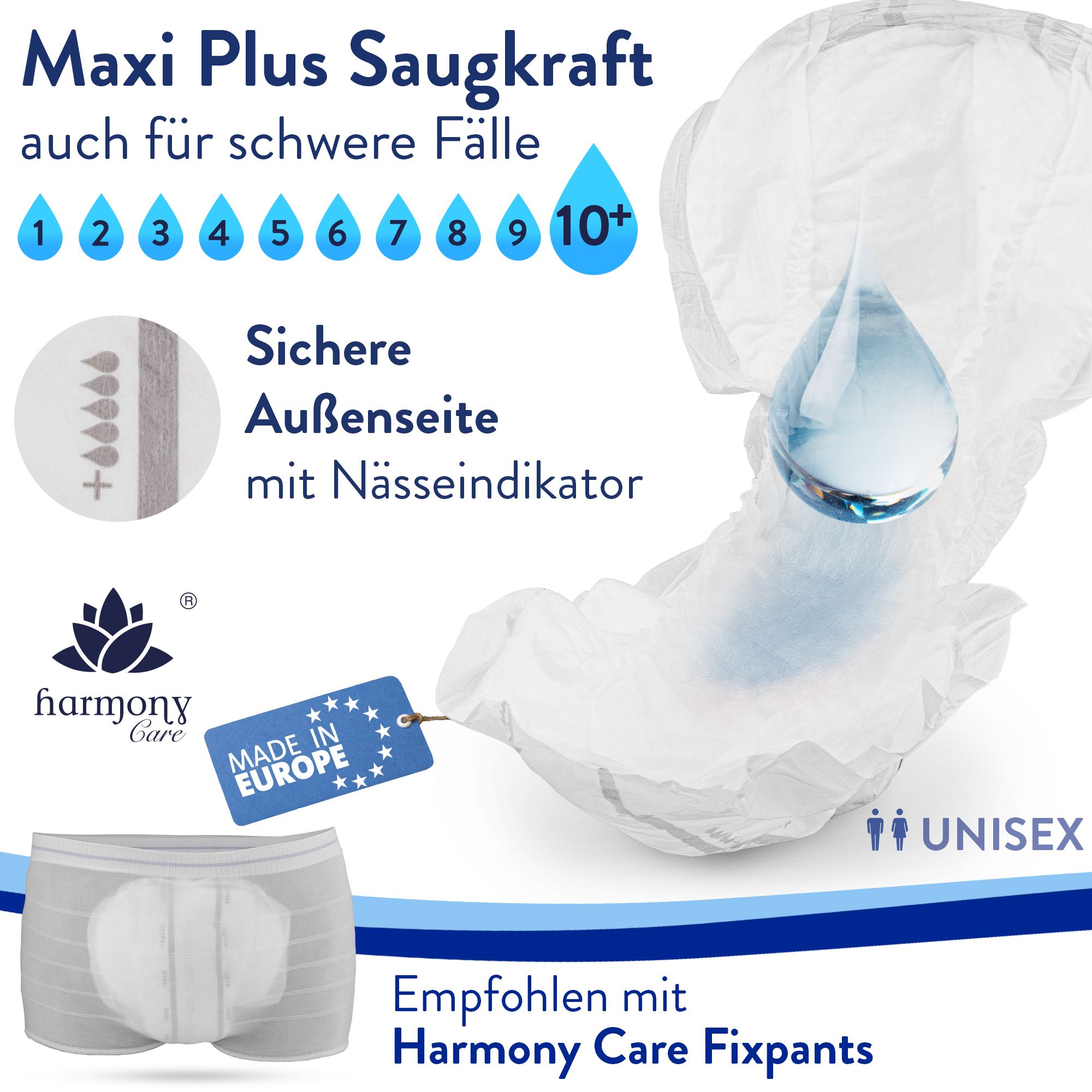 Harmony Care® Form Maxi+ - saugstarke Inkontinenzvorlagen Unisex – anatomisch geformte Vorlagen bei