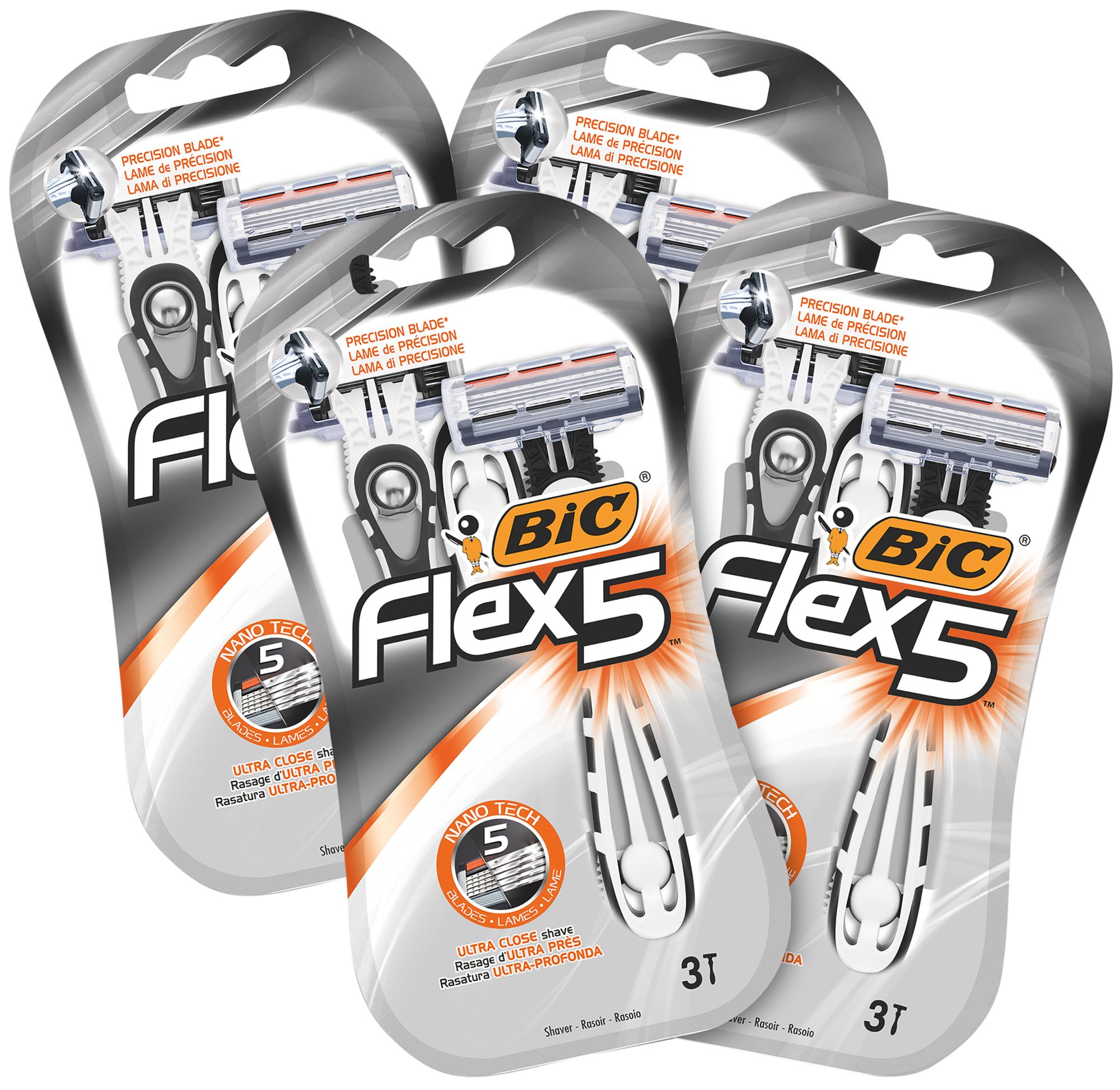 Mehrere Packungen BIC Flex 5 Rasierer. Jede Packung enthält drei Rasierer. Sichtbar: Marke, Produktname, 5 Klingen.