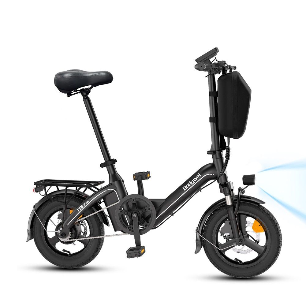 Schwarzes Elektrofahrrad mit Gepäckträger, Scheinwerfer und Akku-Tasche. Aufschrift "T16 Pro".