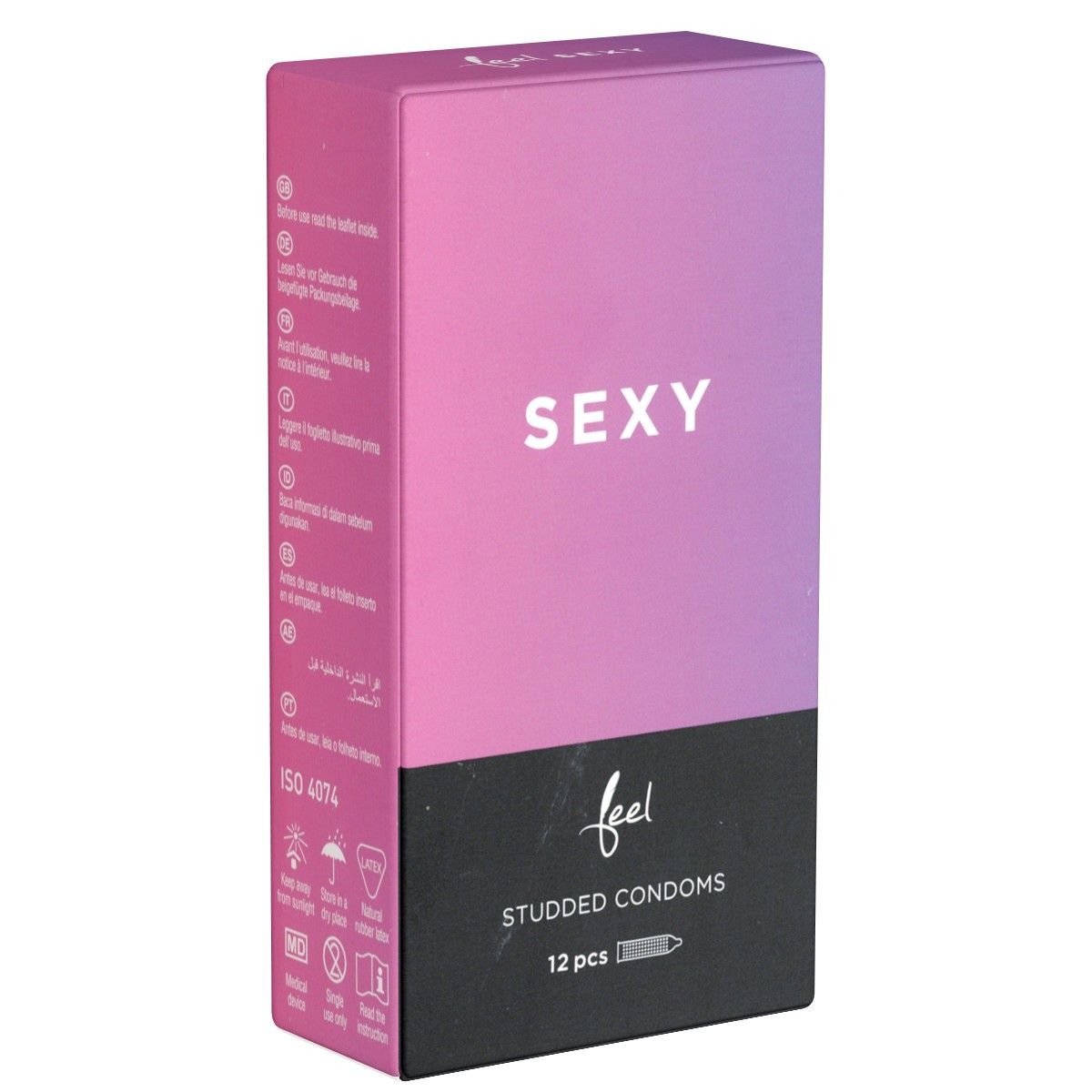 Schachtel mit Kondomen. Rosa-schwarze Verpackung mit "SEXY" und "feel" Schriftzug. "Studded Condoms", 12 Stück.