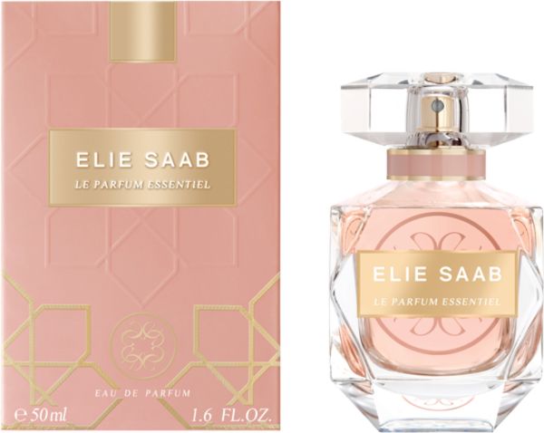 Elie Saab Le Parfum Essentiel Eau de Parfum Flakon und rosa Verpackung mit geometrischem Muster.