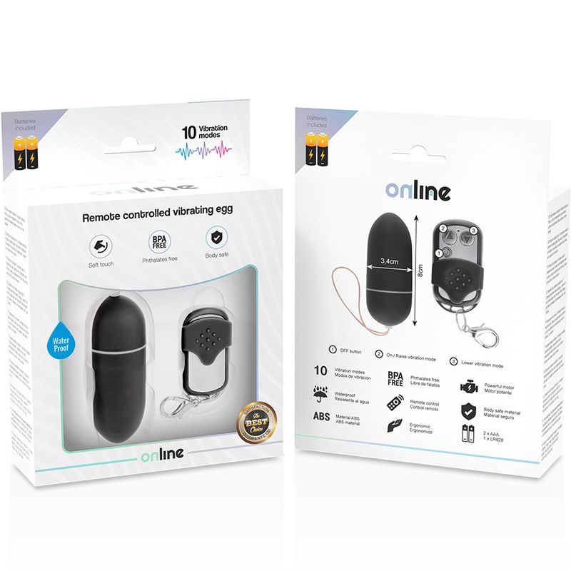 Verpackung mit schwarzem, ovalem Gerät und Fernbedienung. Text: Online, 10 Vibrationsmodi, BPA-frei, wasserdicht.
