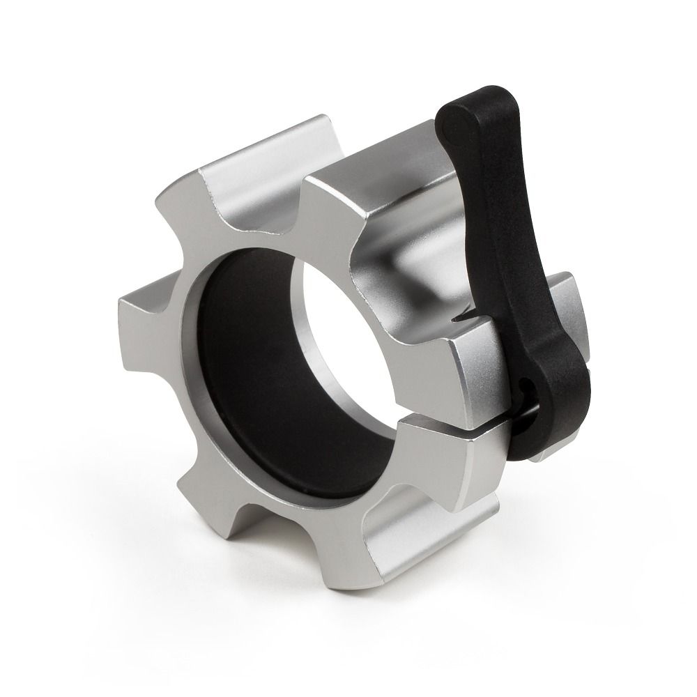 Silberner Hantelverschluss, rund, mit schwarzem Hebel. Metall. Detailansicht.