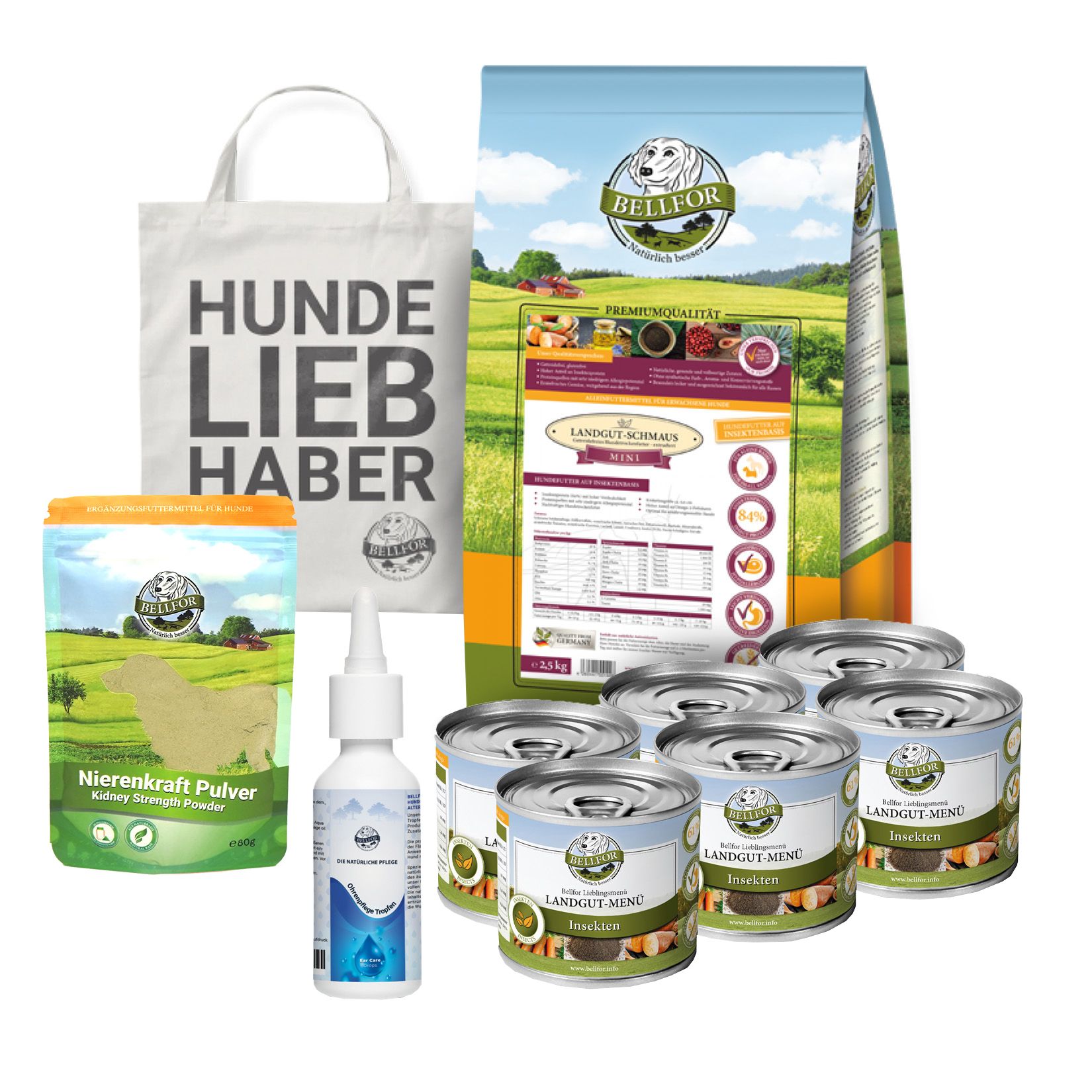 Tasche mit Aufdruck "Hunde Liebhaber", Futterbeutel, Dosen, Pulverbeutel, Flasche.