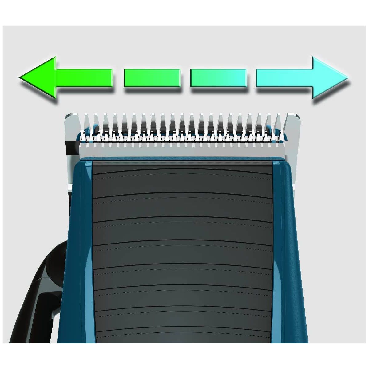 Nahaufnahme des Scherkopfes eines Haarschneiders. Klingen und schwarzer Kunststoff. Pfeile zeigen die Richtung an.