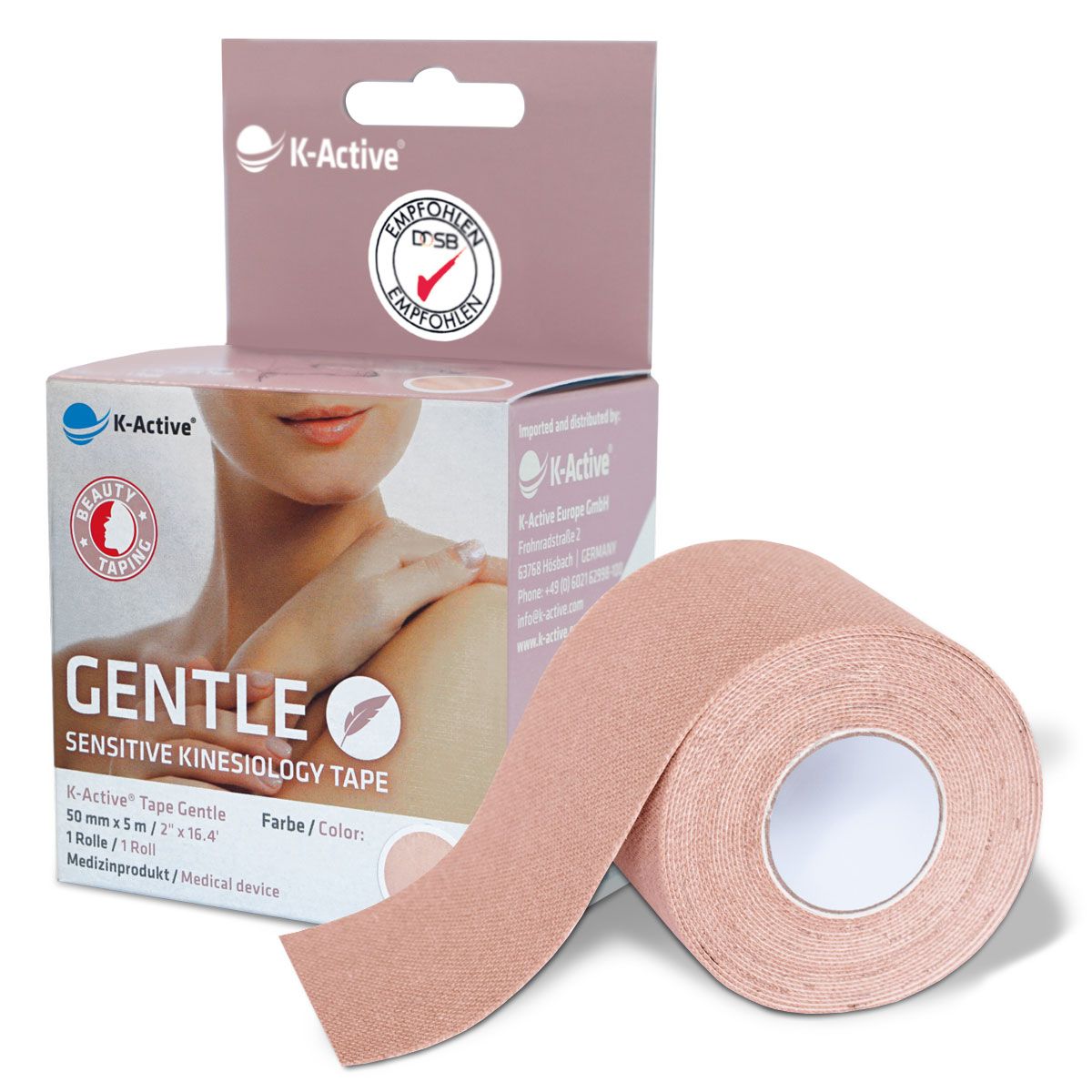K-Active Tape Gentle in Verpackung und Rolle. Text: Gentle Sensitive Kinesiologie Tape. Farbe: Beige. Medizinprodukt / Medical device.