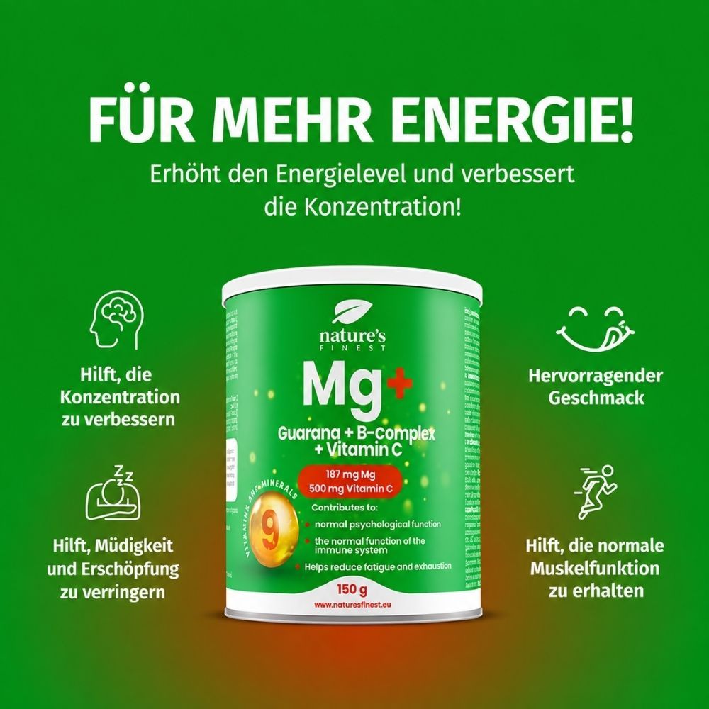 Dose Nature's Finest Mg+ mit Icons für Energie, Konzentration und Müdigkeit.