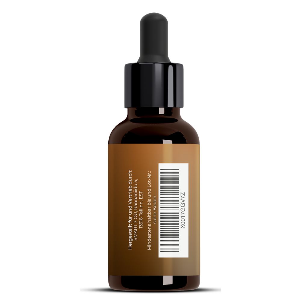 Seite einer braunen Tropfflasche mit Herstellerinformationen und Barcode für ADEMA NATURAL WURMIDIN LIQUID.