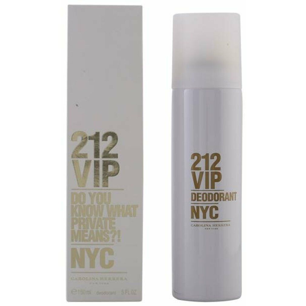 Deodorant-Spray und Verpackung. Aufschrift: 212 VIP, DO YOU KNOW WHAT PRIVATE MEANS?! NYC. Goldfarbener Aufdruck.
