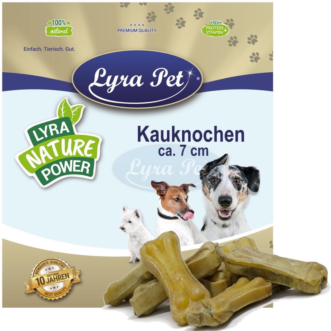 Verpackung mit Lyra Pet Kauknochen ca. 7 cm. Mehrere Knochen liegen davor. Aufdrucke: Lyra Pet, Natur Power, 100% natural.