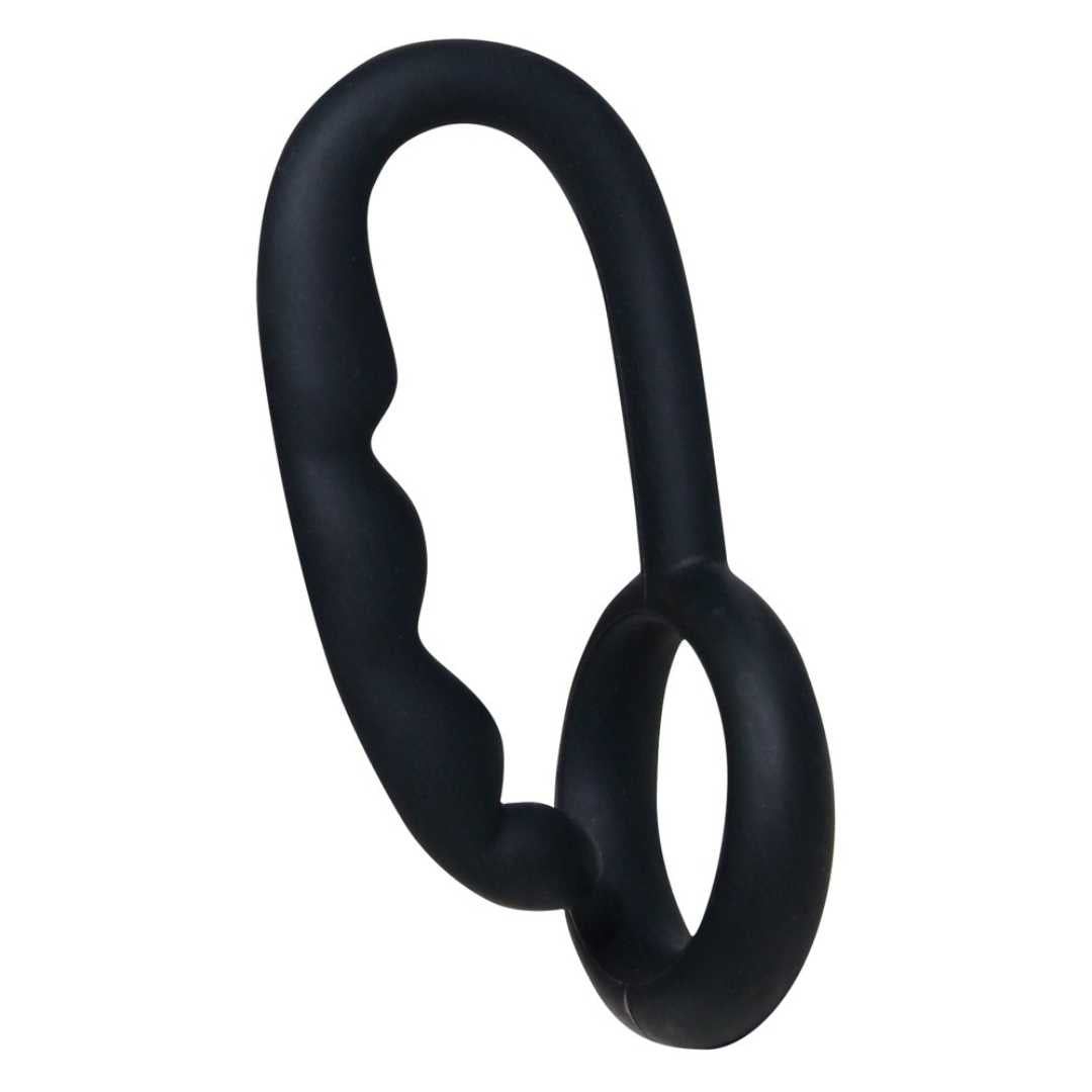 Schwarzer Penisring mit Griff. Ringförmiger Teil und gebogener Griff. Gummi. Perspektivische Ansicht.