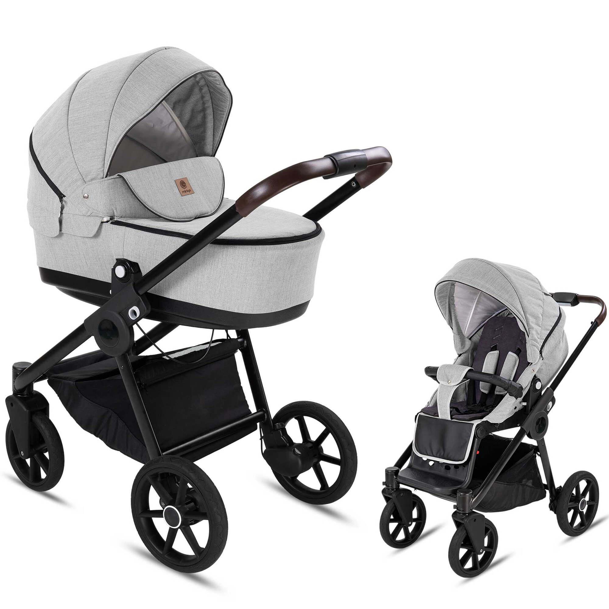 Kombikinderwagen, grau. Gestell schwarz, Räder schwarz. Babywanne und Sportsitz. Brauner Griff. Zwei Ansichten.