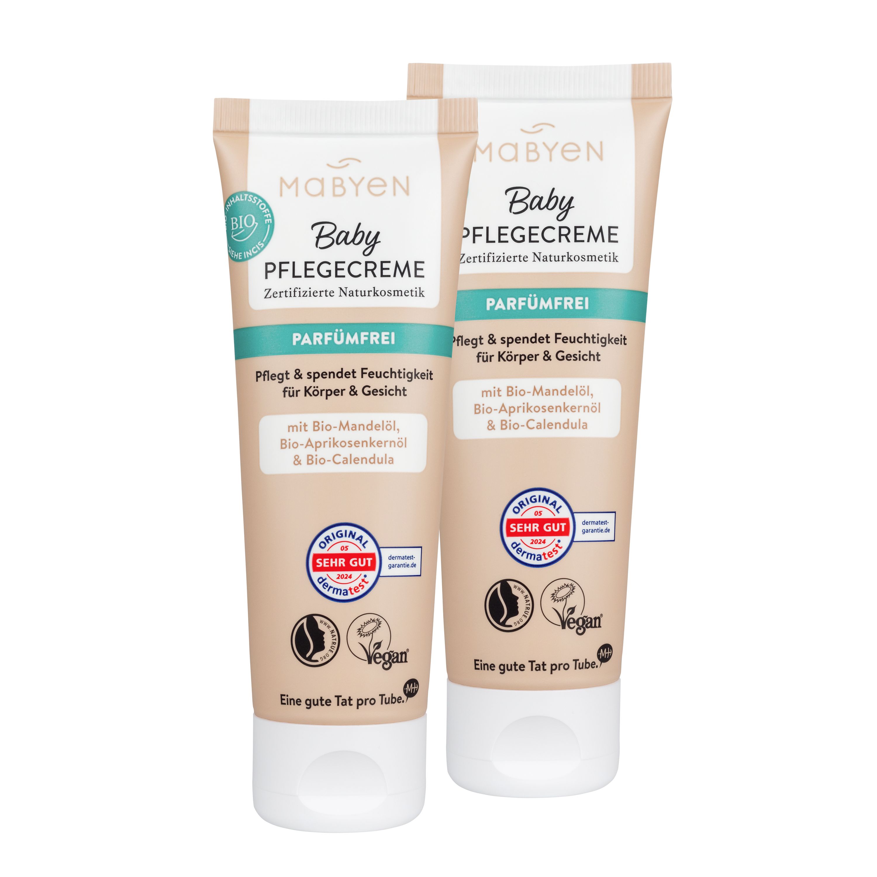 Zwei Tuben Baby Pflegecreme. Aufschrift: MABYEN, Baby, PFLEGECREME, PARFÜMFREI. Enthält Bio-Mandelöl, Bio-Aprikosenkernöl und Bio-Calendula. Vegan.